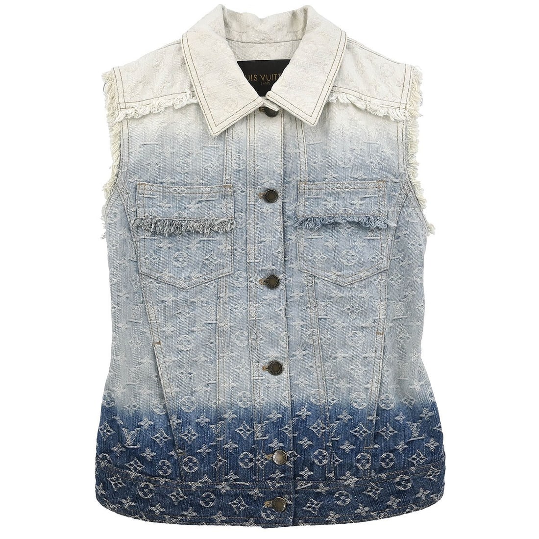 Louis Vuitton Monogram Cotton Button Front Vest Jacket Size 34 White: Louis Vuitton Monogram Cotton Button Front Vest Jacket Size 34 White Vintage Louis Vuitton sleeveless jacket in white monogram cotton with a button-front closure. This women's basic jacket is made in 