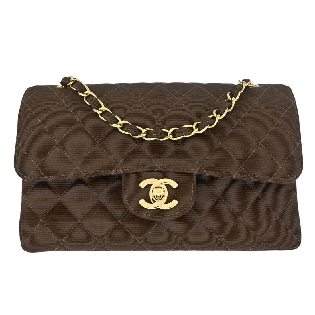 CHANEL Classic Double Flap Small Brown Canvas Shoulder Bag: CHANEL Classic Double Flap Small Brown Canvas Shoulder Bag Chanel Small Classic Double Flap shoulder bag in brown matelasse canvas with a flap turnlock closure and chain shoulder strap. This women's s