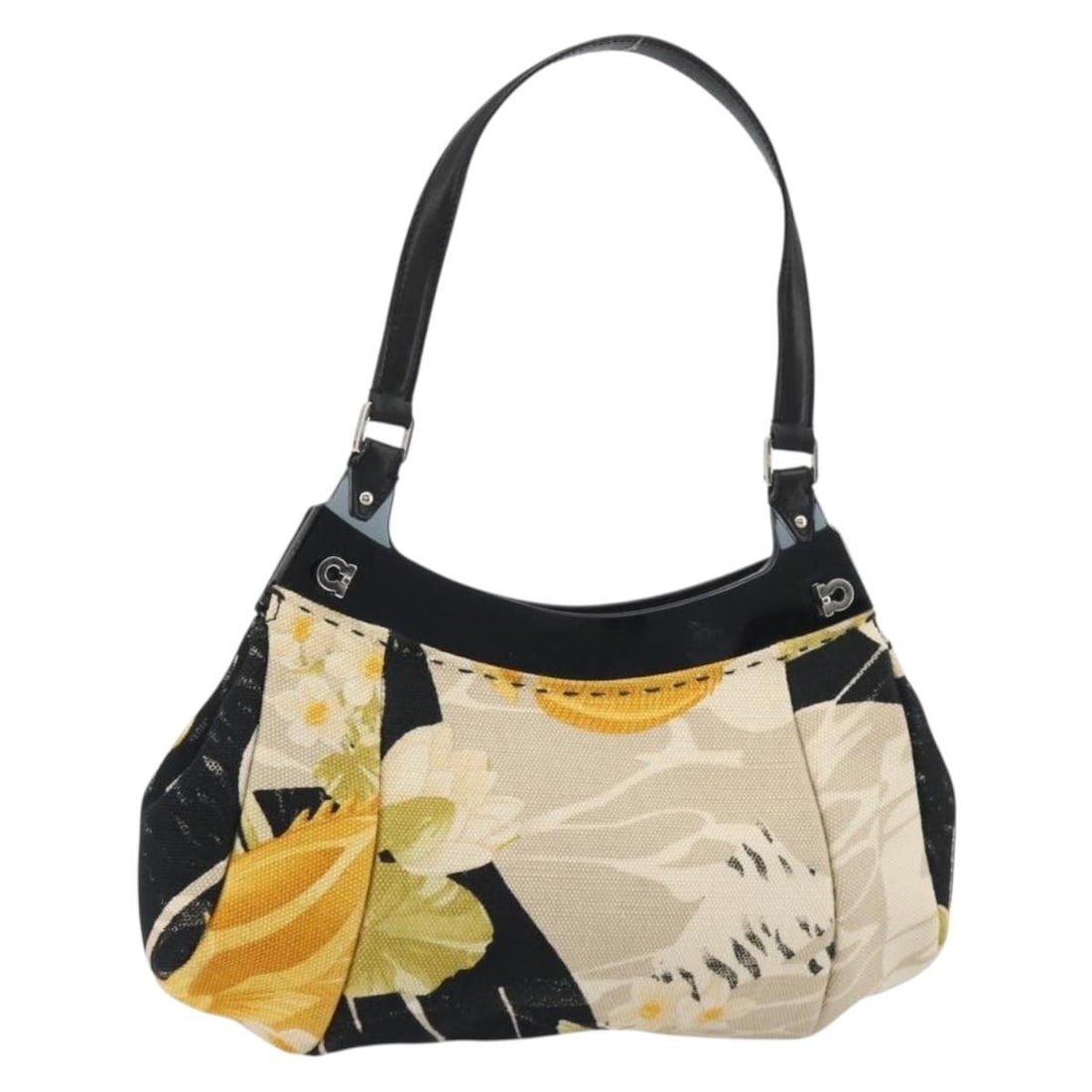 Salvatore Ferragamo Gancini canvas handbag in beige and silver: Salvatore Ferragamo Gancini canvas handbag in beige and silver Salvatore Ferragamo Gancini handbag in beige and silver canvas, made in Italy. This women's handbag has a slim profile and includes only 