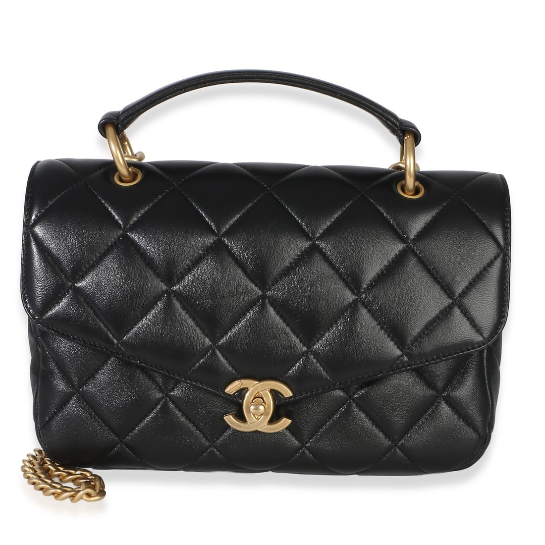 Chanel Envelope Flap Bag Black Quilted Lambskin Top Handle: Chanel Envelope Flap Bag Black Quilted Lambskin Top Handle This Chanel Black Quilted Lambskin Top Handle Envelope Flap Bag features a classic envelope silhouette crafted from luxurious black leather w