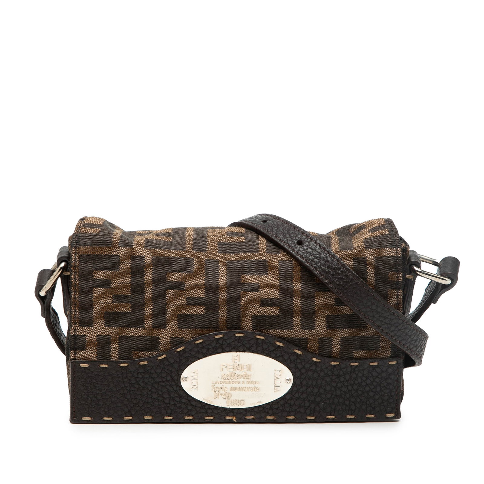 Fendi Zucca Selleria canvas crossbody bag: Fendi Zucca Selleria canvas crossbody bag This Fendi Zucca Canvas Selleria Crossbody bag features a durable canvas body accented with leather trim, an adjustable flat leather strap for comfortable wea