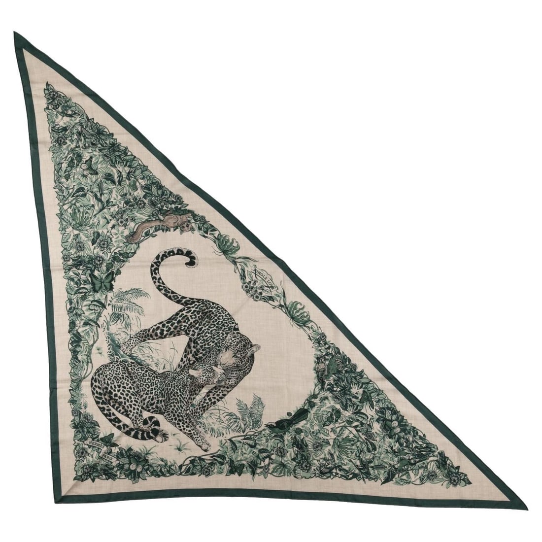 Hermes Jungle Love cashmere silk giant triangle with box and ribbon: Hermes Jungle Love cashmere silk giant triangle with box and ribbon This Hermes "Jungle Love" giant triangle scarf features a luxurious blend of 70% cashmere and 30% silk with hand-rolled edges. Desig