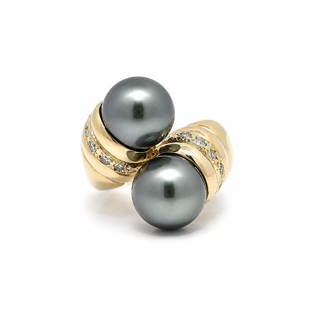14K Yellow Gold Bypass Cocktail Ring with 2 Tahitian Pearls and Diamonds: 14K Yellow Gold Bypass Cocktail Ring with 2 Tahitian Pearls and Diamonds Vintage bypass cocktail ring crafted in solid 14k yellow gold, featuring two cultured Tahitian gray pearls accented by natural 