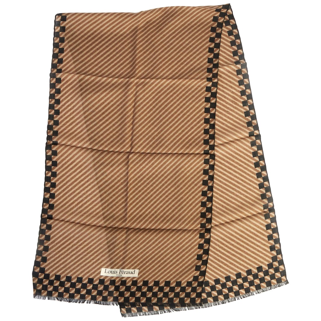 Louis Feraud Vintage Wool Scarf Black Brown Striped Checkers: Louis Feraud Vintage Wool Scarf Black Brown Striped Checkers This exquisite vintage scarf by Louis Feraud showcases a stylish combination of black and brown stripes and checkers, making it a versatile