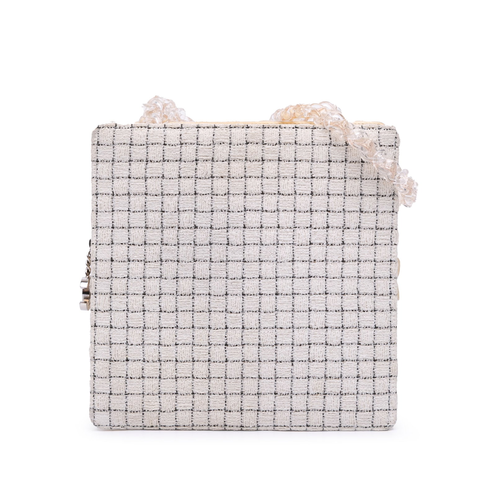 Chanel Small Tweed Resin Zipped Shopping Bag White Fabric 23cm: Chanel Small Tweed Resin Zipped Shopping Bag White Fabric 23cm This elegant Chanel Small Tweed and Resin Zipped Shopping Bag showcases a sophisticated tweed body complemented by leather trim. The bag 