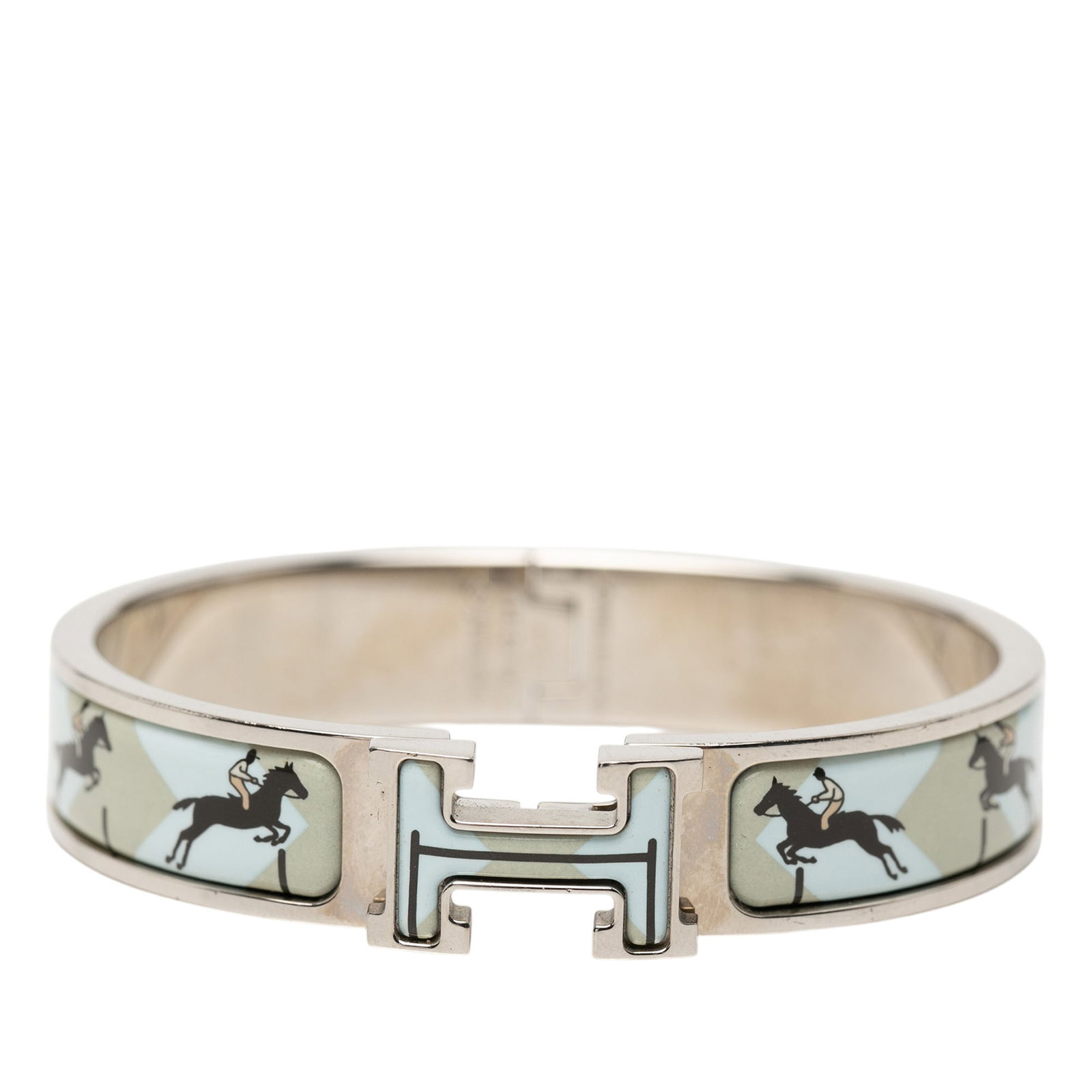 Hermes Clic H Narrow Enamel Bracelet Les Allures PM: Hermes Clic H Narrow Enamel Bracelet Les Allures PM This Hermes Narrow Enamel Les Allures Clic H Bracelet PM features a distinctive printed enamel design on a palladium-plated metal body. The bracelet