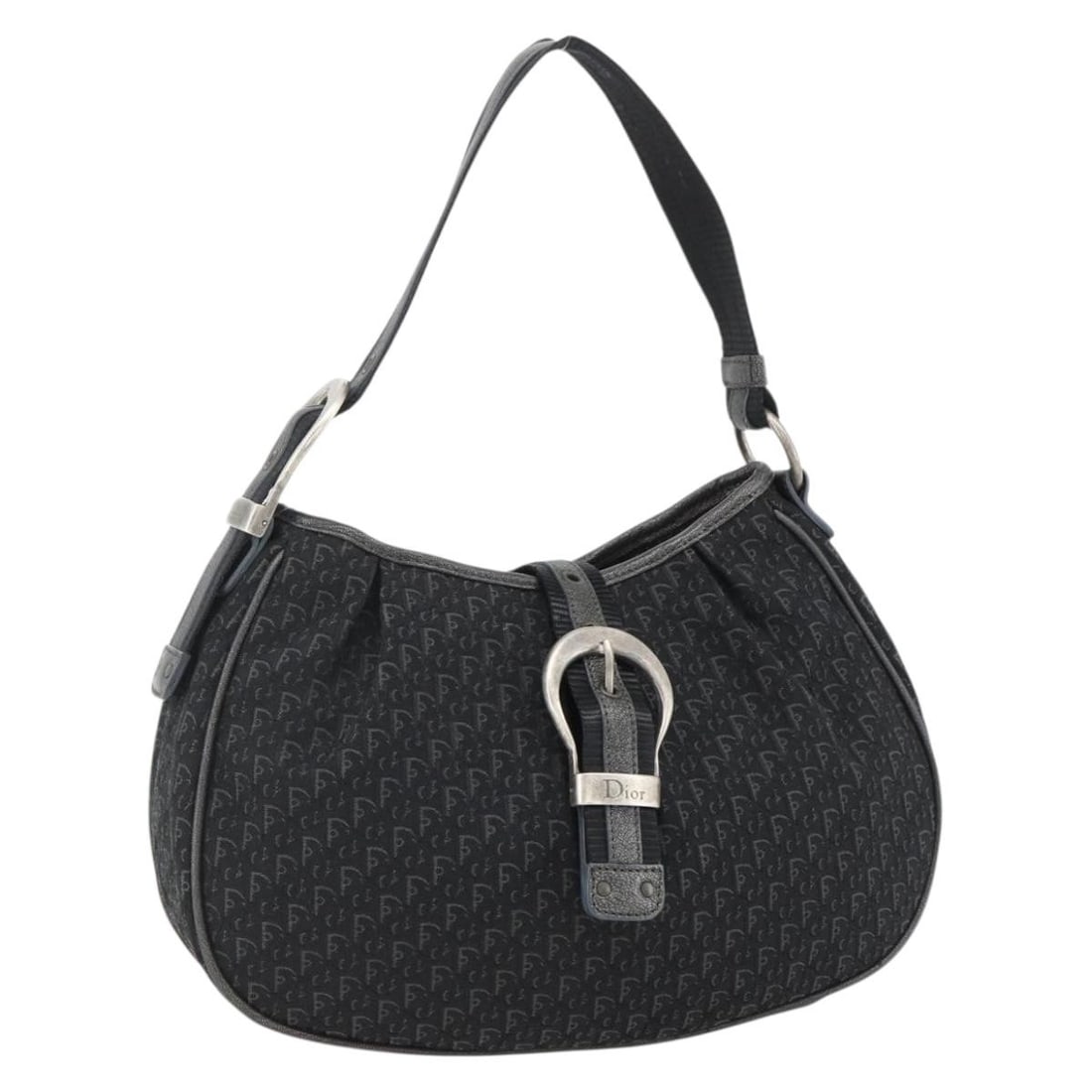 Christian Dior Shoulder Bag in Black Silver Trotter Canvas: Christian Dior Shoulder Bag in Black Silver Trotter Canvas This Christian Dior shoulder bag is crafted in Trotter canvas with a black and silver exterior. It features a structured silhouette, a should