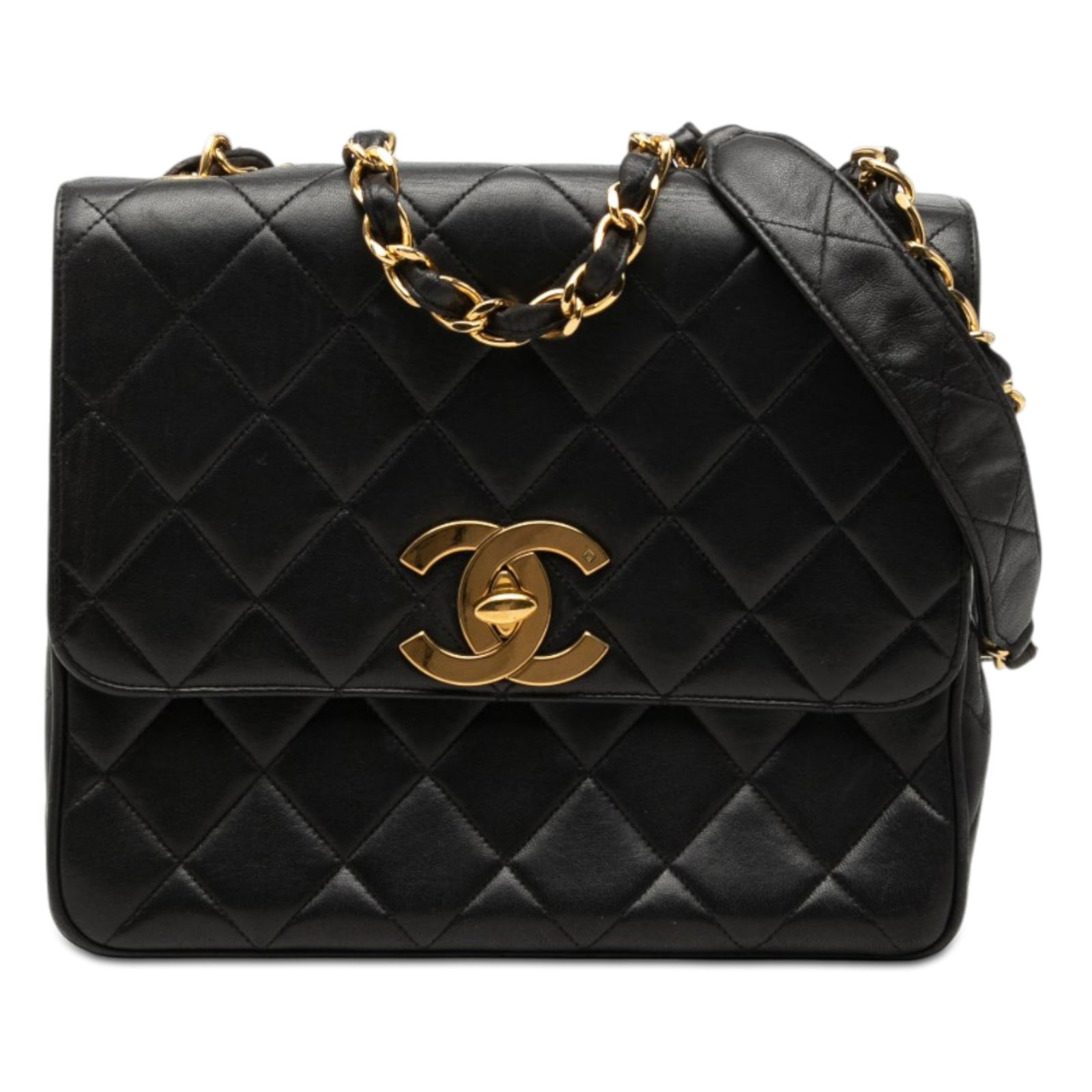 Chanel XL CC Square Single Flap Quilted Lambskin Crossbody Bag: Chanel XL CC Square Single Flap Quilted Lambskin Crossbody Bag Chanel XL CC Quilted Lambskin Square Single Flap crossbody bag in black. It features a quilted lambskin leather body, a leather woven cha