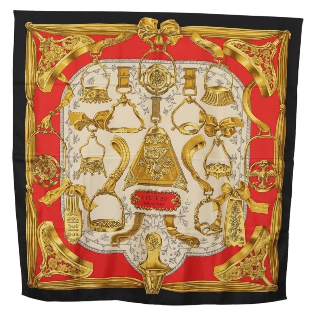 Hermes Etriers Carre 90 Silk Scarf in Gold: Hermes Etriers Carre 90 Silk Scarf in Gold This Hermes Carre 90 scarf in the ETRIERS design is made of silk in a gold color. It measures approximately 90 cm x 90 cm and is made in France. The item inc