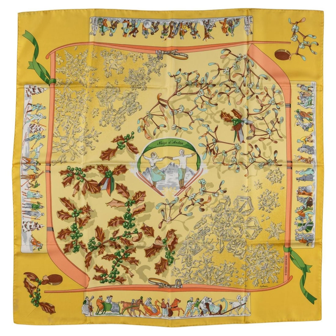 Hermes Niege D'Antan 35 in silk scarf: Hermes Niege D'Antan 35 in silk scarf Hermes "Niege D'Antan" collectible scarf crafted from 100% silk with hand-rolled edges. Made in France, this 21st century piece is noted to be in excellent condit
