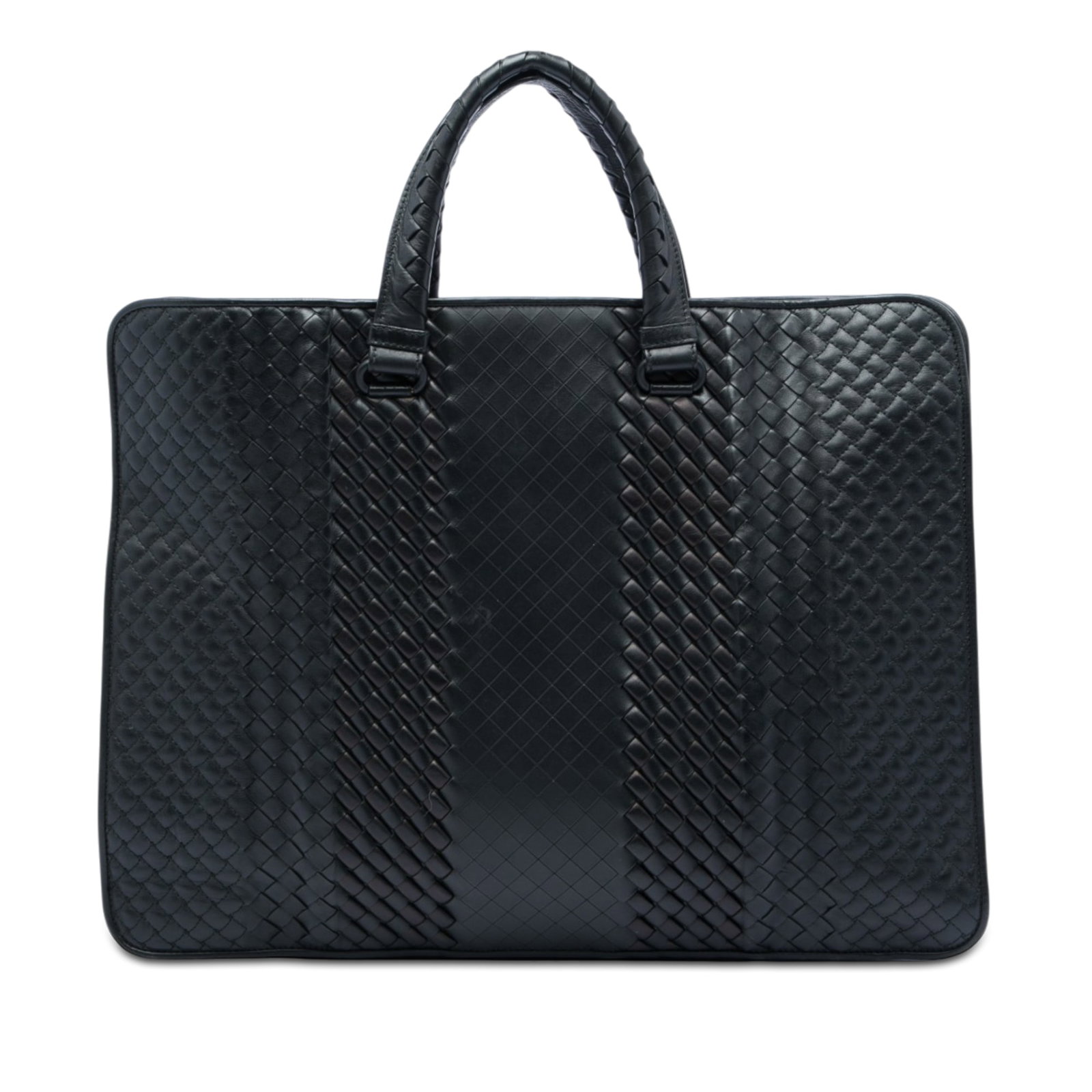 Bottega Veneta Club Fume Intrecciato Nappa Leather Briefcase: Bottega Veneta Club Fume Intrecciato Nappa Leather Briefcase A Bottega Veneta briefcase crafted in woven leather with flat handles, a two-way top zip closure, and interior zip and slip pockets. Made i
