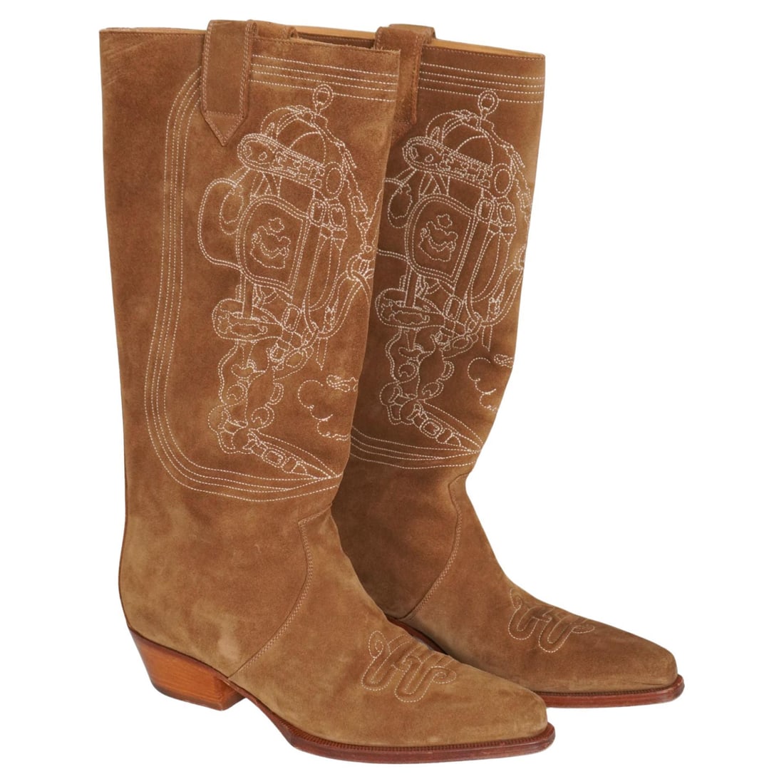 Hermes Folk 35 cowboy boots brown suede Brides de Gala size 38: Hermes Folk 35 cowboy boots brown suede Brides de Gala size 38 Hermes Folk 35 cowboy boots in brown suede with contrast Brides de Gala embroidery and tonal stitching. They feature a brown leather sole