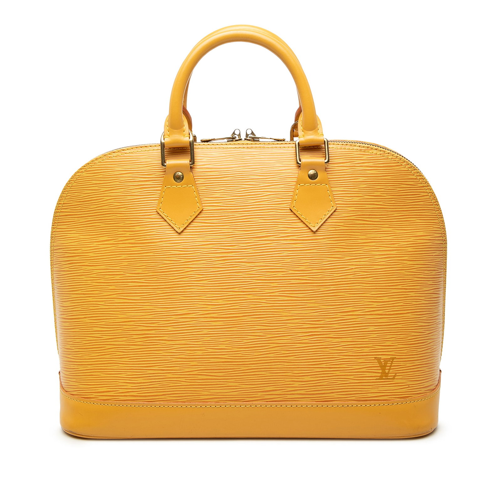 Louis Vuitton Alma PM yellow Epi leather handbag: Louis Vuitton Alma PM yellow Epi leather handbag Louis Vuitton Epi Alma PM handbag crafted in yellow Epi leather with rolled handles, a top zip closure, and an interior slip pocket. Made in France. Co