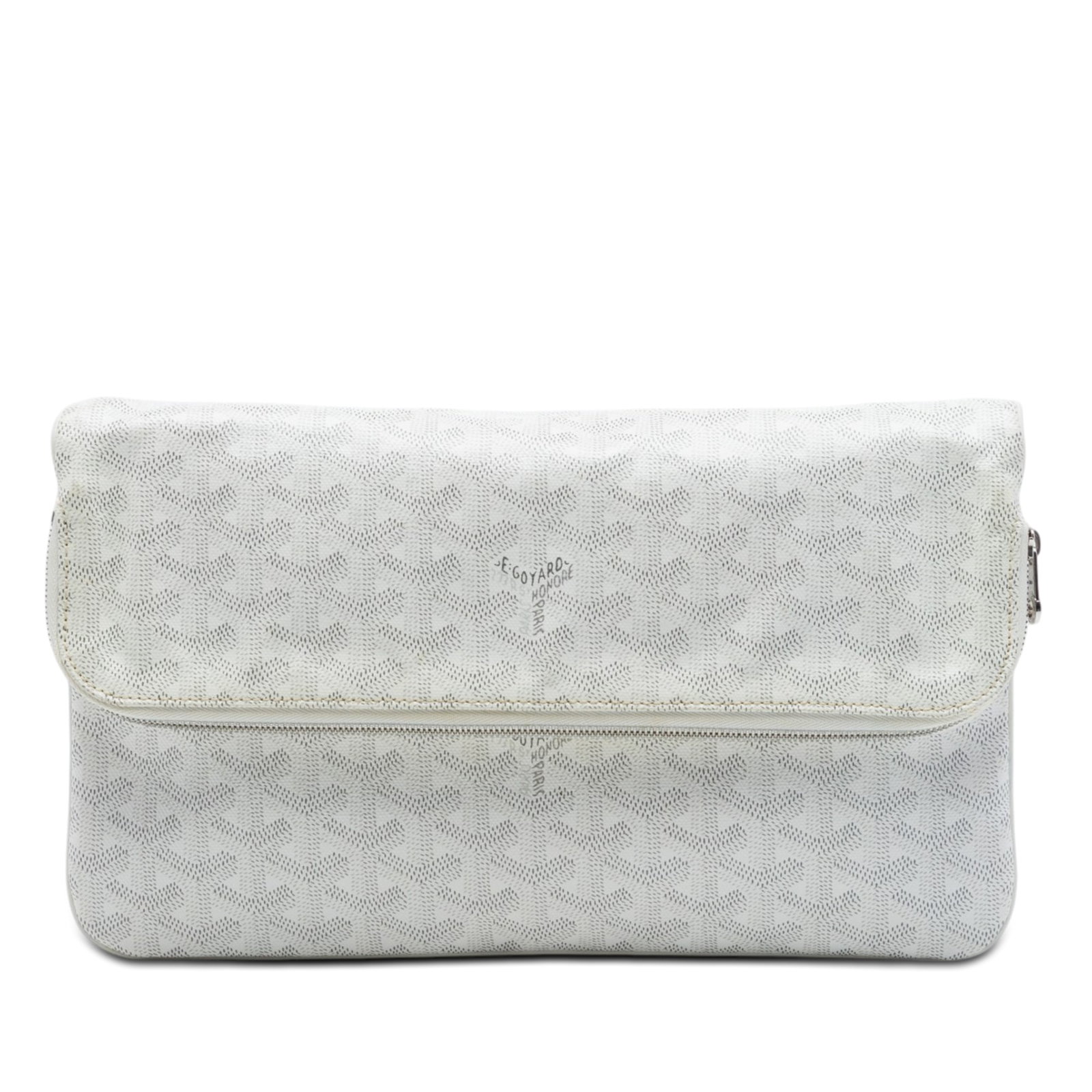 Goyard Sainte Marie MM White Coated Canvas Clutch Bag: Goyard Sainte Marie MM White Coated Canvas Clutch Bag Goyardine Sainte Marie MM clutch bag with a coated canvas body, fold-over flap, zip closure, and an exterior back slip pocket. Made in France. Con