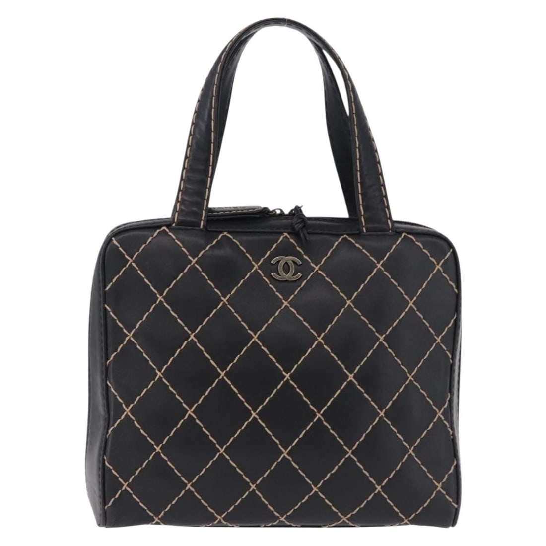 Chanel Surpique black leather zip satchel handbag: Chanel Surpique black leather zip satchel handbag Chanel Surpique Zip Around Satchel in quilted black leather. This satchel shows good overall condition with light wear and shape loss to the exterior 