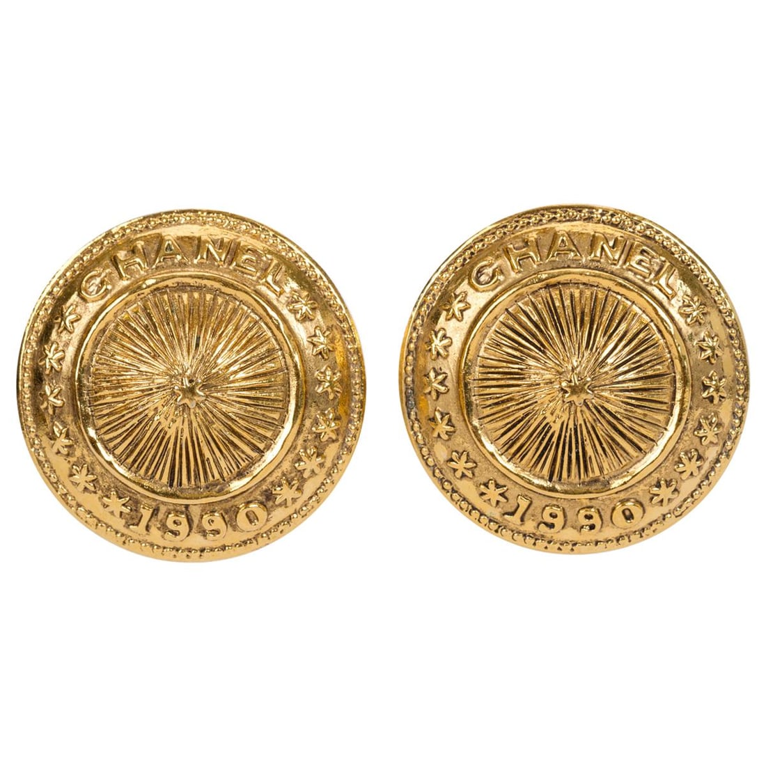 Vintage 1980s Chanel Goldtone Shield Clip Earrings with Box (1 of 4)