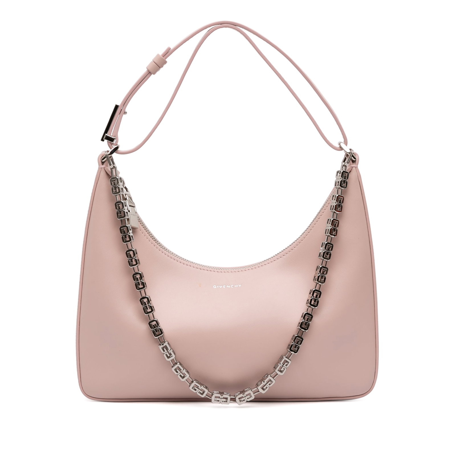 Givenchy Moon Cut Out Pink Leather Satchel with Chain Strap: Givenchy Moon Cut Out Pink Leather Satchel with Chain Strap This Givenchy Small Leather Moon Cut Out Bag features a pink leather body with an adjustable flat leather handle and a silver-tone chain str