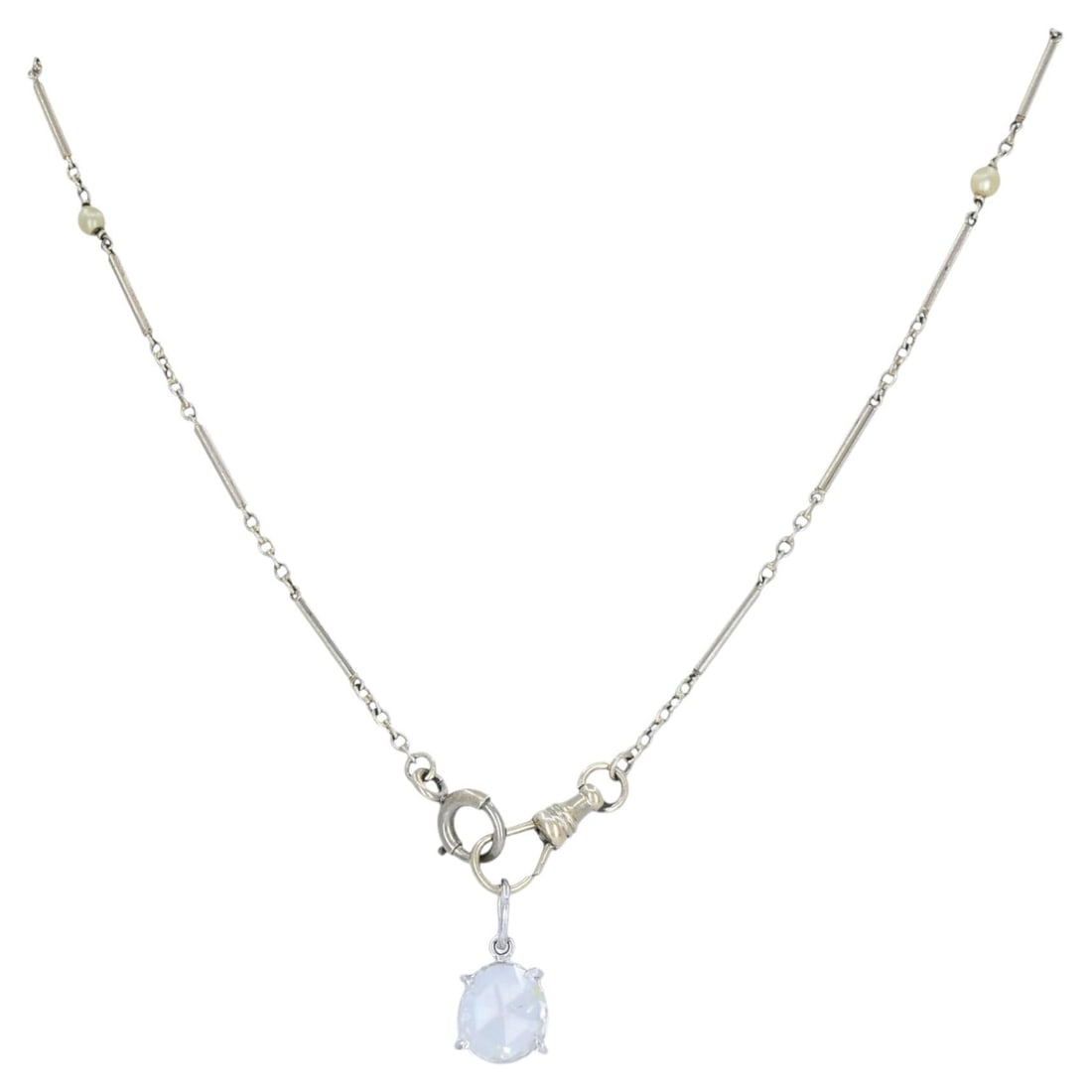 Antique pearl station watch chain necklace with platinum rose cut diamond pendant: Antique pearl station watch chain necklace with platinum rose cut diamond pendant Antique 14k white gold pearl watch chain necklace paired with a platinum rose cut diamond pendant. Designed as a front