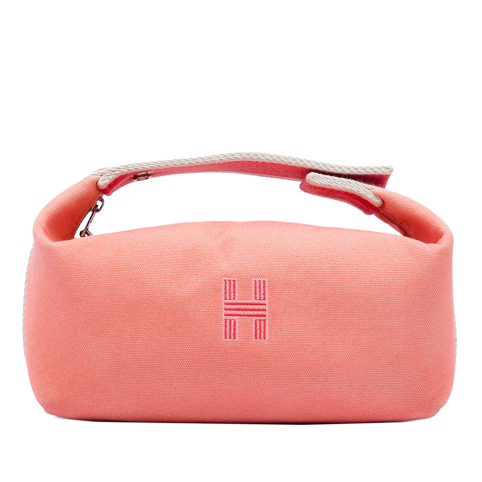 Hermes Bride A Brac Small Toile Vanity Case Pink: Hermes Bride A Brac Small Toile Vanity Case Pink Hermes Bride-A-Brac case in pink fabric with a flat handle, top zip closure, and interior slip pockets. Made in France. Condition is B+ with visible