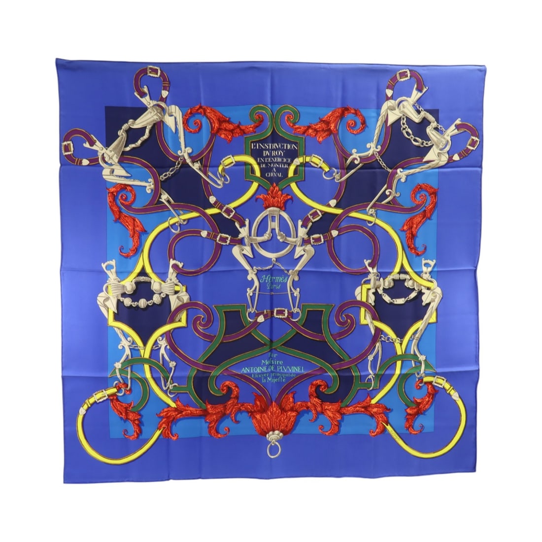 Hermes Carre 90 Silk Scarf Bleu Royal Red Multicolor: Hermes Carre 90 Silk Scarf Bleu Royal Red Multicolor Hermes Carre 90 silk scarf in Bleu Royal, red, and multicolor. Made in France, this women's scarf features the classic Carre 90 format and is