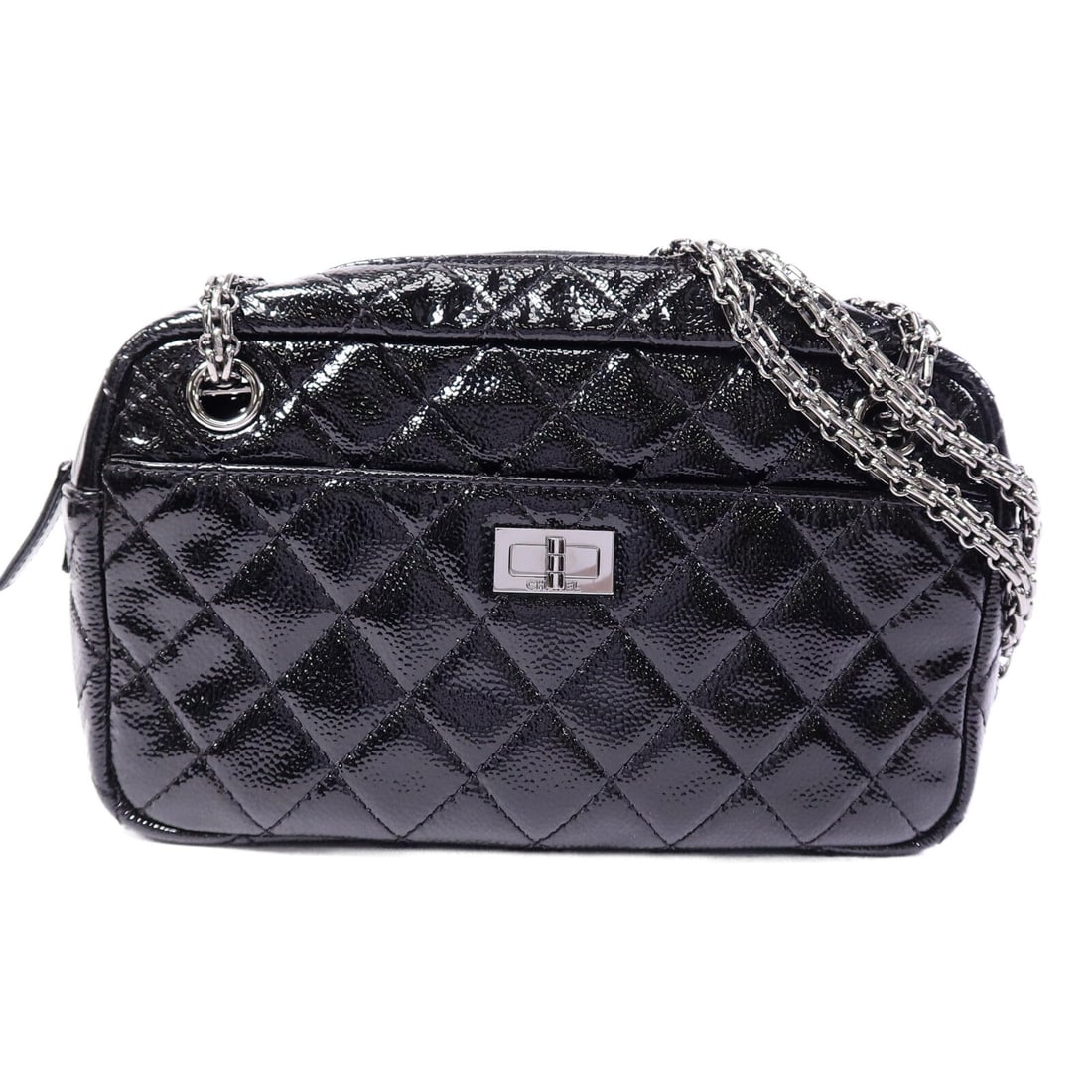 CHANEL 2.55 Patent Leather Shoulder Bag Black CC SHW: CHANEL 2.55 Patent Leather Shoulder Bag Black CC SHW Chanel 2.55 chain shoulder bag in black patent leather with CC turn-lock closure and multiple interior and exterior pockets. This women's shoulder 