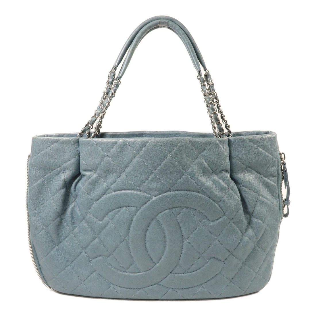 CHANEL CC Blue Calfskin Tote Bag with SHW: CHANEL CC Blue Calfskin Tote Bag with SHW Blue Chanel CC tote bag crafted from calfskin leather with a structured, streamlined profile. The bag features a magnetic pocket and a well-organized interior