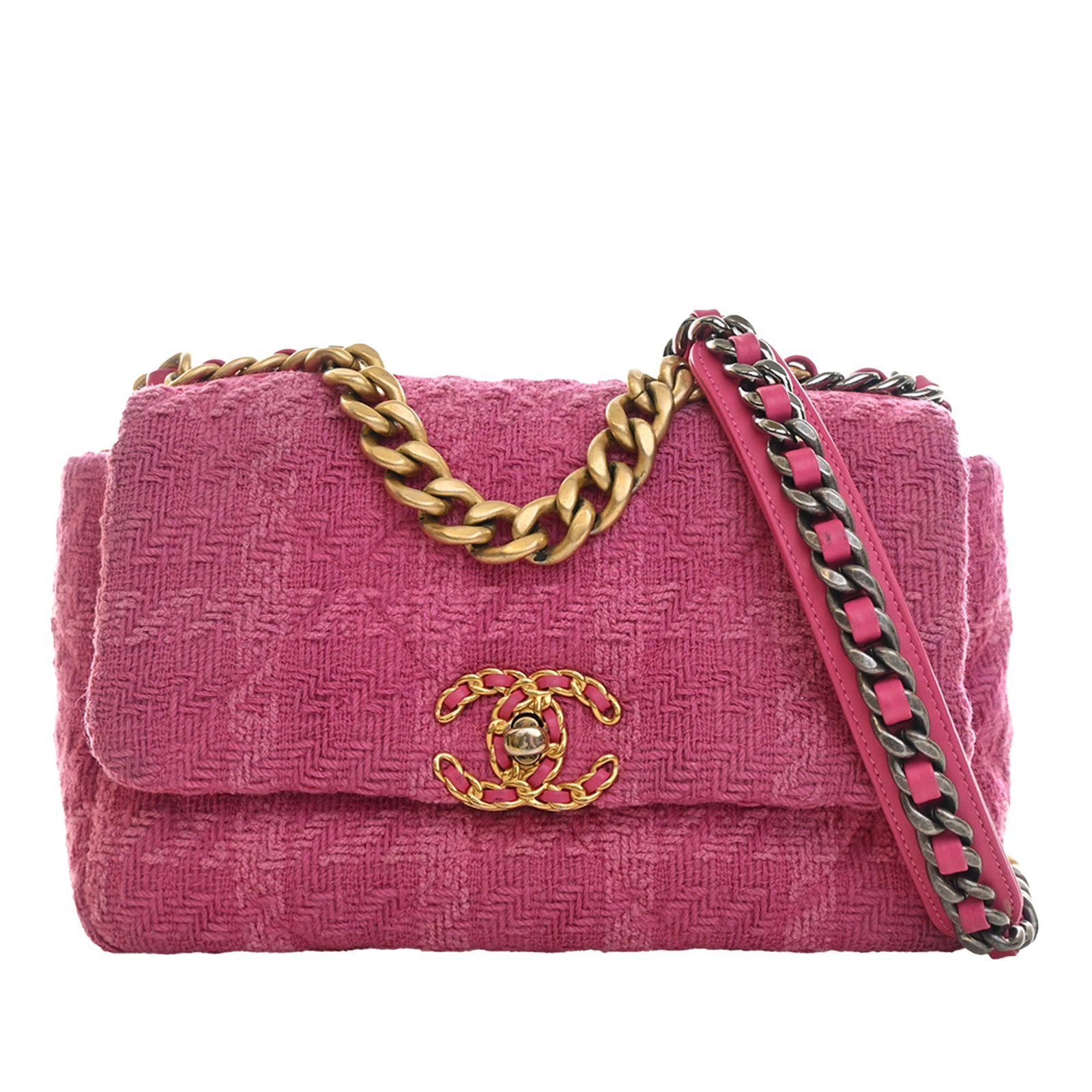 Chanel 19 Flap Medium Pink Tweed Shoulder Bag: Chanel 19 Flap Medium Pink Tweed Shoulder Bag Chanel Medium Tweed 19 Flap bag in pink fabric with a flap front and CC twist lock closure. This bag features a chain link handle, a leather-woven chain l