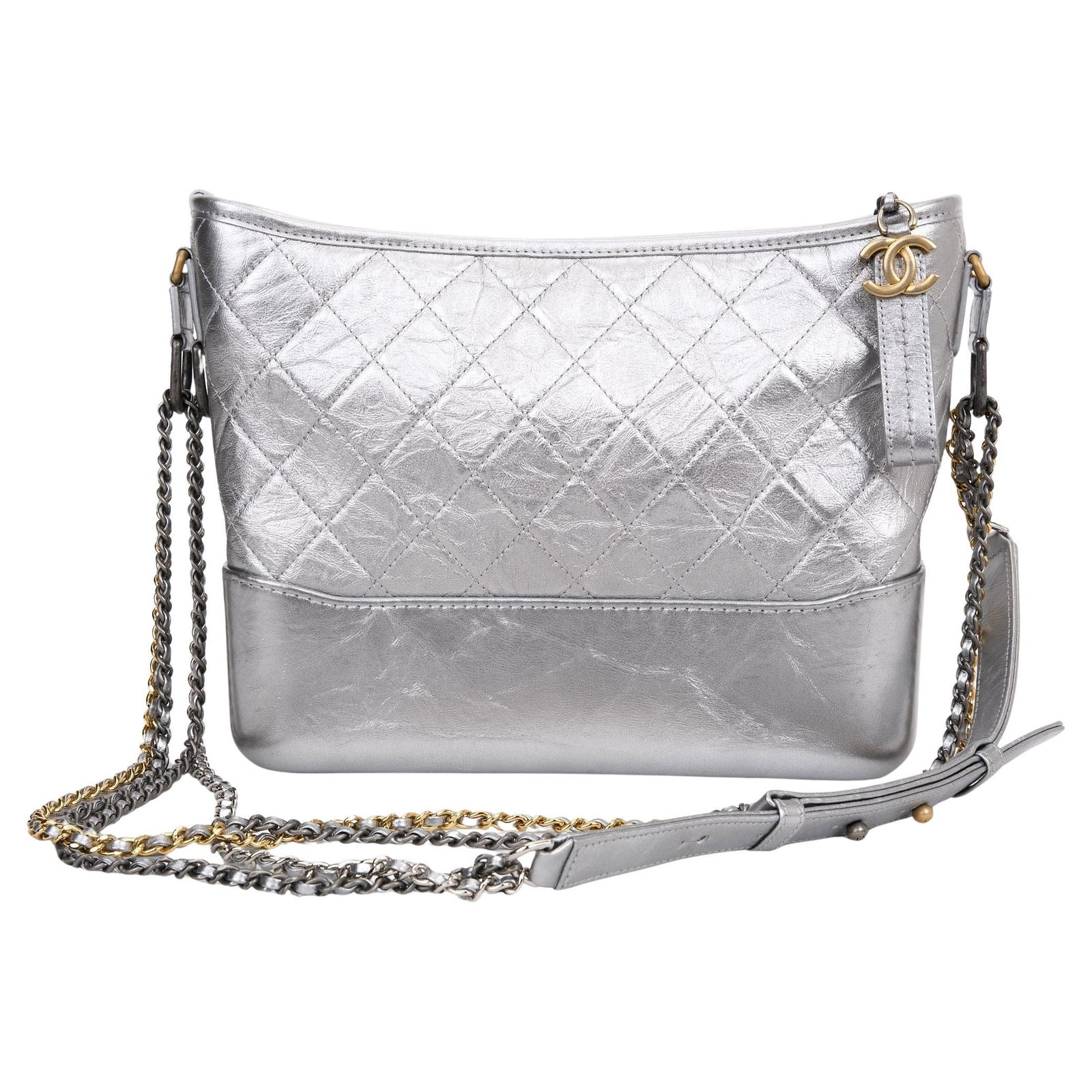 Chanel Gabrielle Metallic Aged Calfskin Shoulder Bag with Gold Silver Hardware: Chanel Gabrielle Metallic Aged Calfskin Shoulder Bag with Gold Silver Hardware Introducing the Chanel Metallic Aged Calfskin Gabrielle bag, a quintessential piece for the modern fashionista. This stun