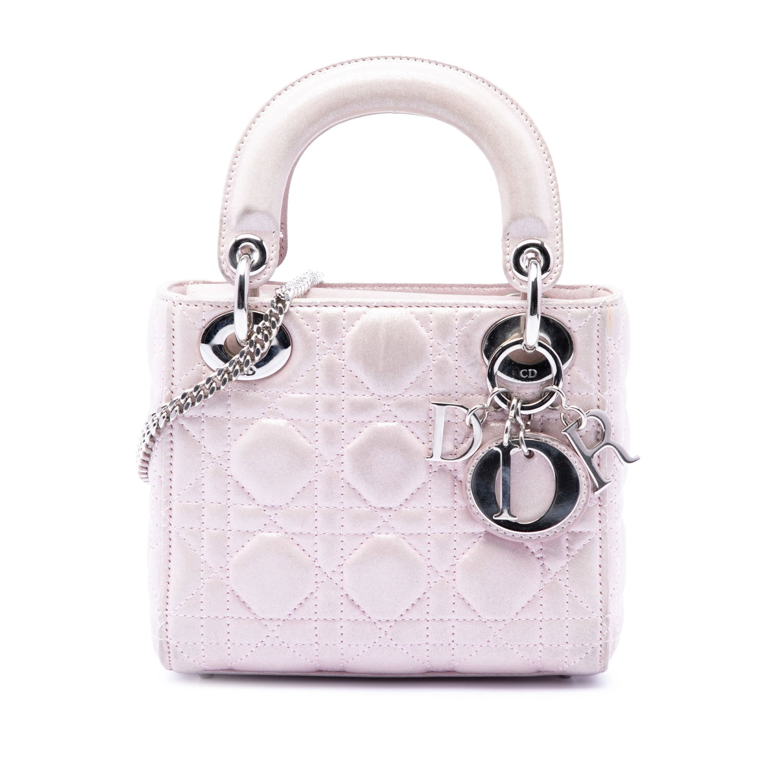 Dior Lady Dior Mini Cannage Iridescent Lambskin Bag Pink: Dior Lady Dior Mini Cannage Iridescent Lambskin Bag Pink Mini Lady Dior bag in pink iridescent lambskin leather with Cannage quilting. It features flat handles, a detachable chain link strap with a le