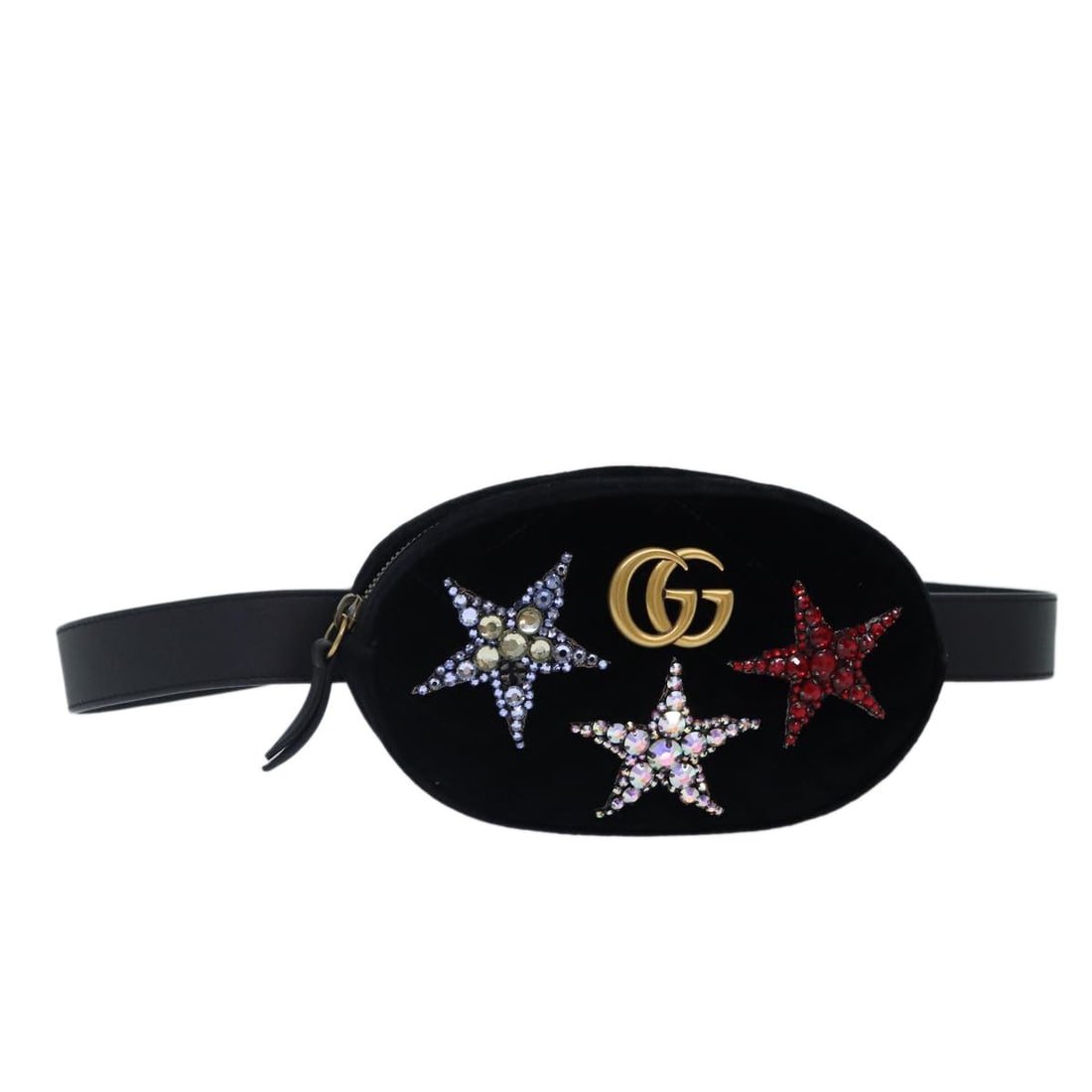 Black Velor Gucci 476434 Belt Bag with Gold Accents and Dust Bag: Black Velor Gucci 476434 Belt Bag with Gold Accents and Dust Bag This Gucci waist bag features a sophisticated black and gold velor exterior, offering a stylish and functional accessory for women. The