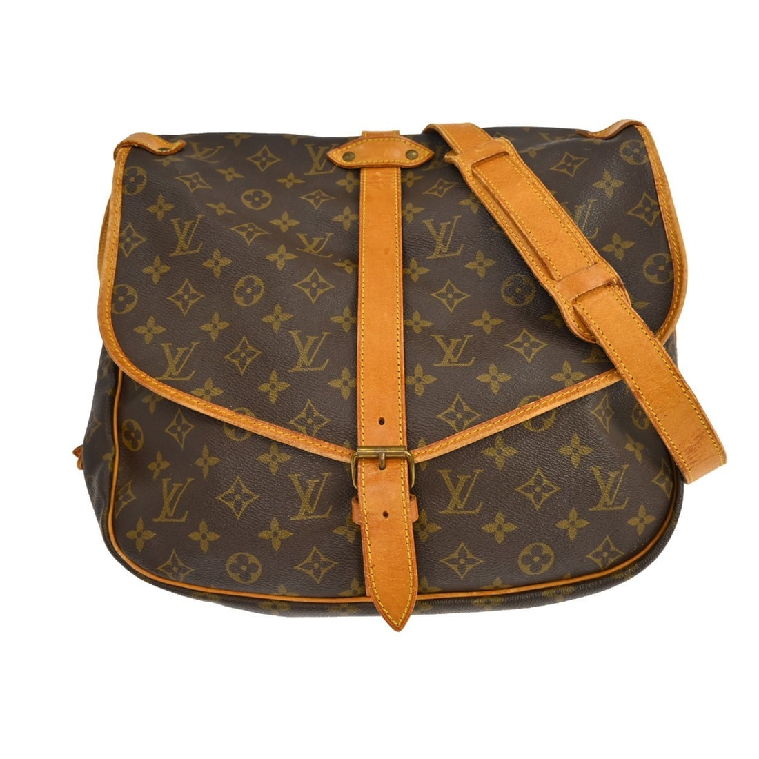Louis Vuitton Saumur 35 Monogram Canvas Crossbody Shoulder Bag M42254: Louis Vuitton Saumur 35 Monogram Canvas Crossbody Shoulder Bag M42254 Vintage Louis Vuitton Saumur 35 shoulder bag in brown Monogram canvas and leather. This unisex bag features a buckle closure, cros