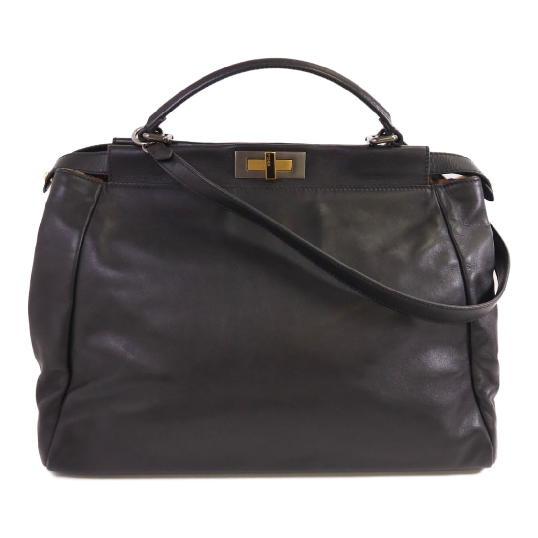 FENDI Peekaboo 8BN210 black calfskin 2-way shoulder bag: FENDI Peekaboo 8BN210 black calfskin 2-way shoulder bag This FENDI Peekaboo 2-way shoulder bag is crafted from black calfskin leather and features gold tone hardware. Designed for versatility, it can 