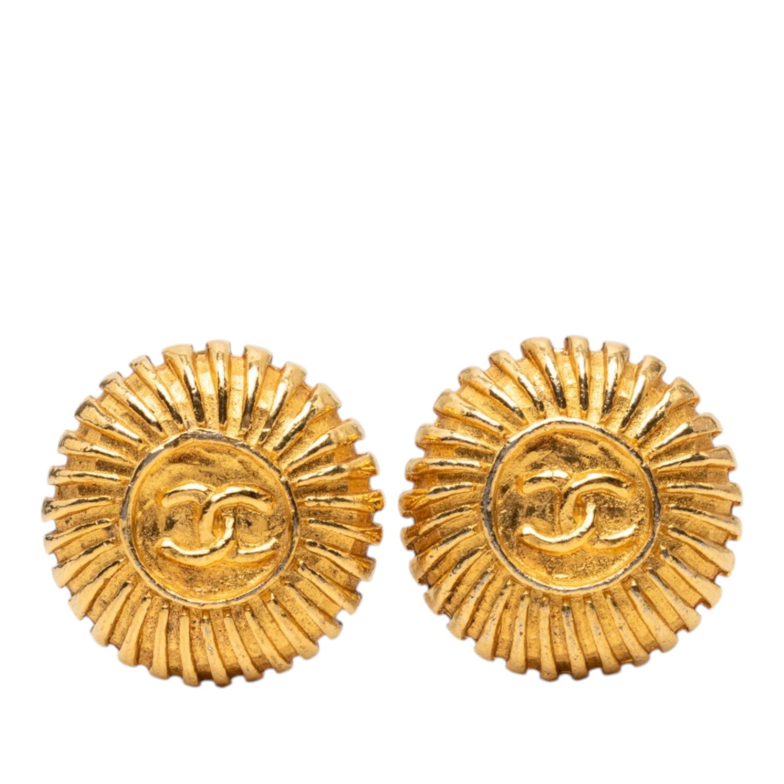 Chanel CC Round Sunburst Clip On Earrings Gold Plated Metal (1 of 3)