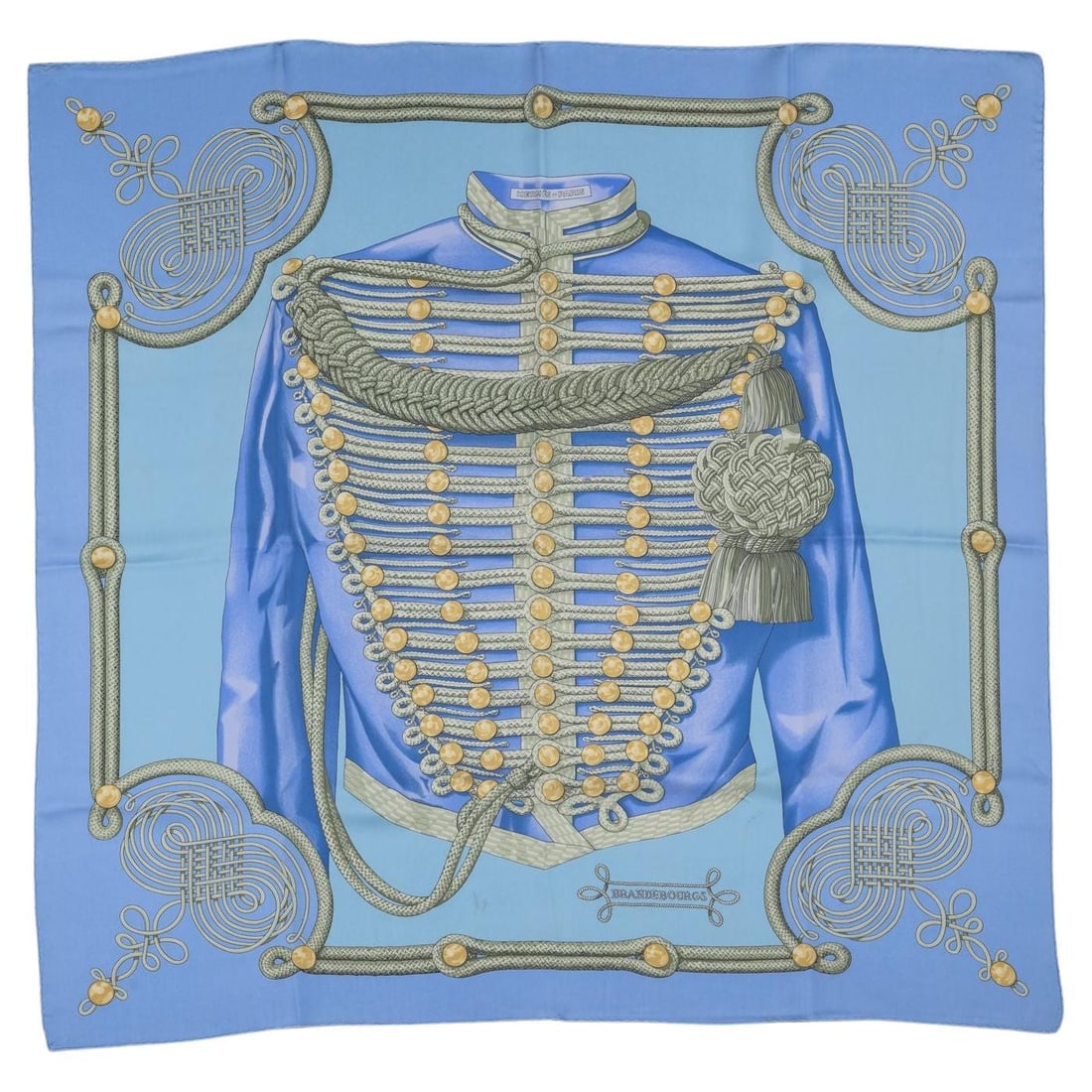 Hermes Brandebourgs 100% Silk Scarf by Caty Latham 35 in: Hermes Brandebourgs 100% Silk Scarf by Caty Latham 35 in Discover the elegance of the Hermes Brandebourgs Scarf designed by Caty Latham. This exquisite scarf is crafted from 100% silk, showcasing the 