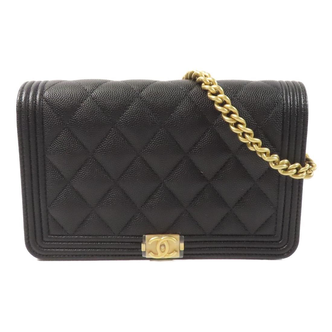 CHANEL Boy Wallet On Chain Black Calfskin Shoulder Bag: CHANEL Boy Wallet On Chain Black Calfskin Shoulder Bag A CHANEL Boy Wallet On Chain shoulder bag in black calfskin (cowhide) leather. This wallet-on-chain style features a black frame color, a chain s