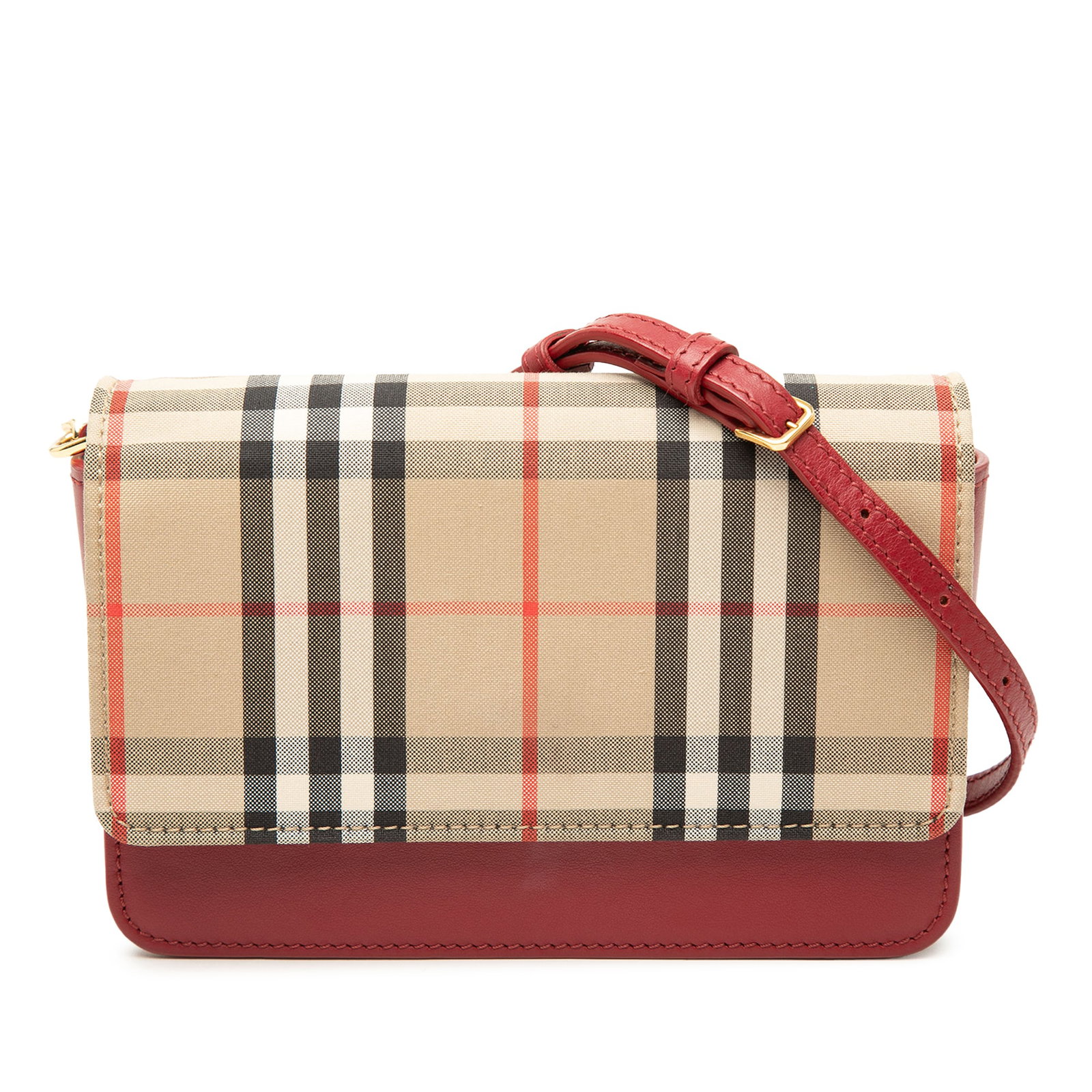 Burberry red leather crossbody bag House Check flap: Burberry red leather crossbody bag House Check flap Burberry House Check Trimmed Leather Flap Crossbody bag crafted in leather and canvas with a flap front and magnetic button closure. The design incl