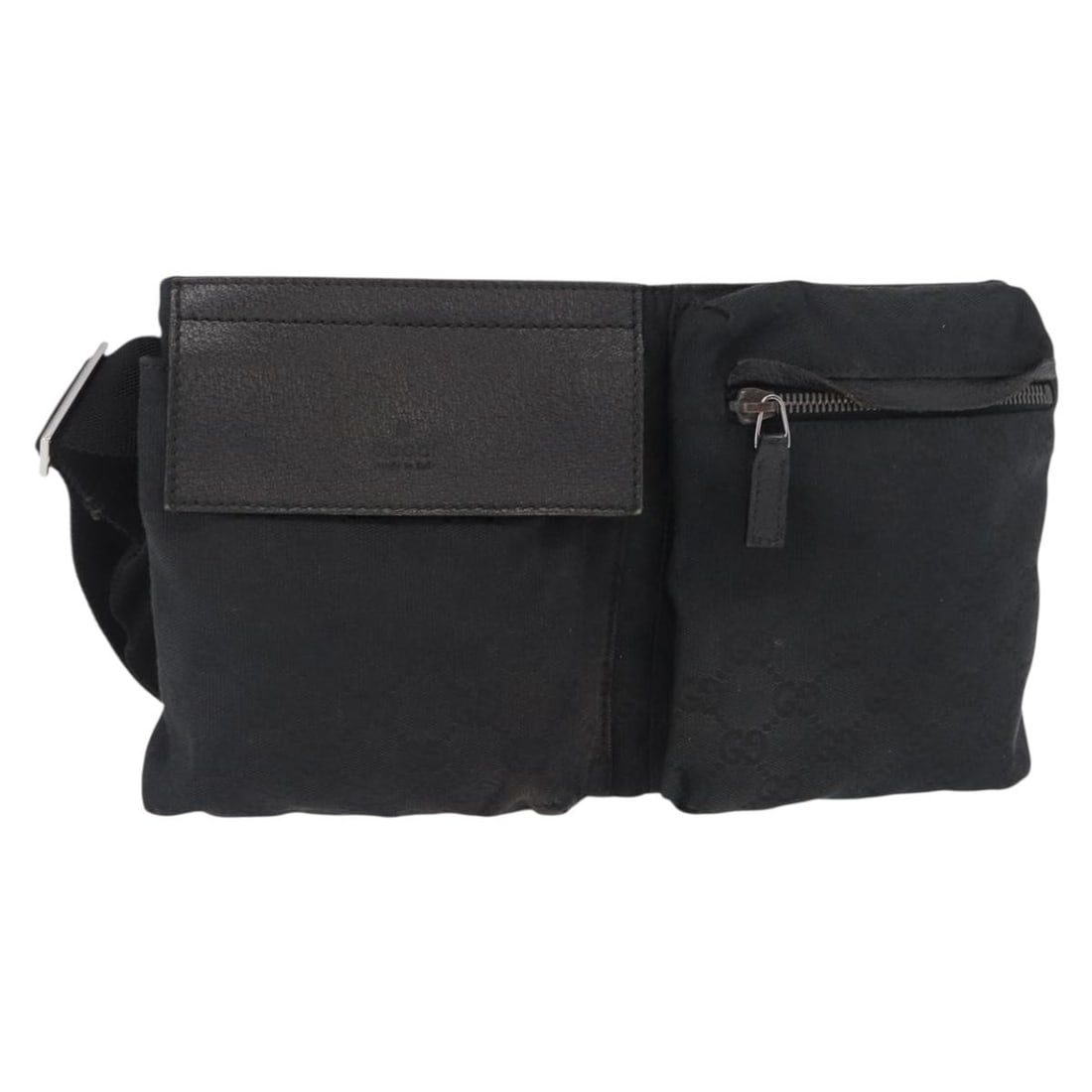 Vintage Gucci Double Belt Bag in Black Canvas and Leather: Vintage Gucci Double Belt Bag in Black Canvas and Leather This Gucci vintage double belt bag for women features a black GG canvas body with leather accents. The bag shows signs of wear including surfa