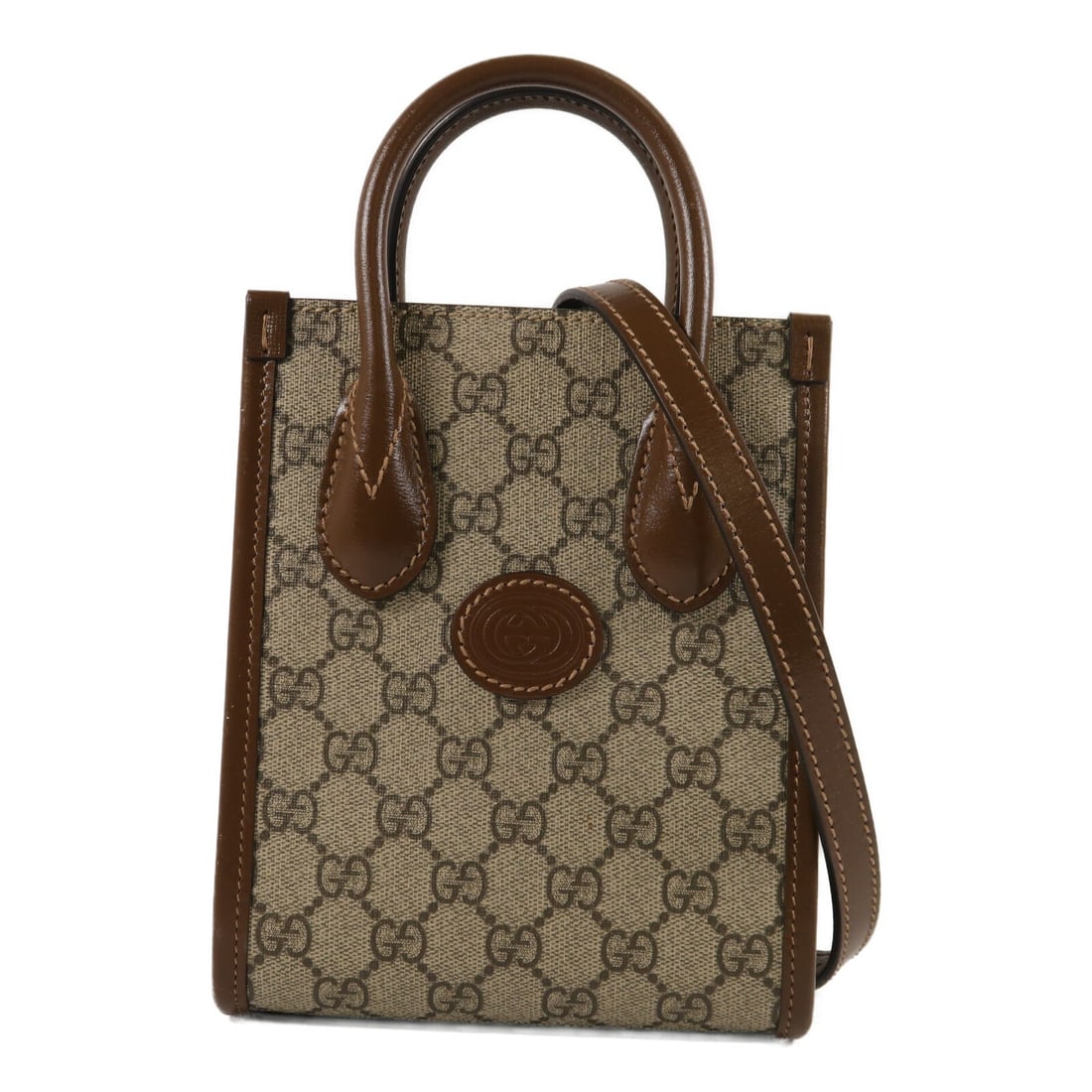 Gucci 671623 Mini 2way Shoulder Bag Brown GG Coated Canvas: Gucci 671623 Mini 2way Shoulder Bag Brown GG Coated Canvas Gucci mini 2-way shoulder bag in brown GG coated canvas with a painted Interlocking G design. This women's bag features a compact silhouette 
