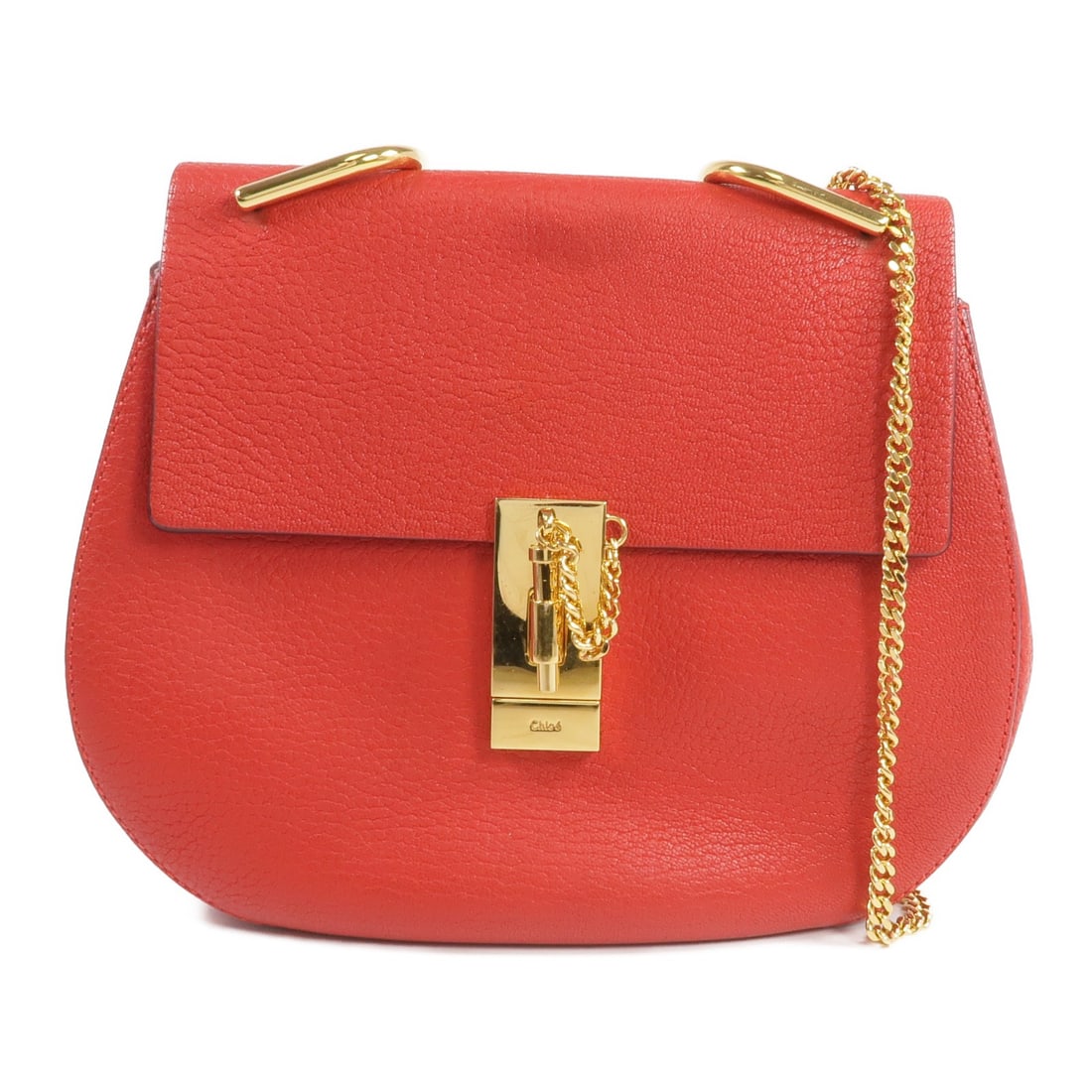 Chloe Drew Red Calfskin Chain Shoulder Bag with Dust Bag: Chloe Drew Red Calfskin Chain Shoulder Bag with Dust Bag Chloe Drew chain shoulder bag in red calfskin leather with a turn-lock closure and an open interior pocket. This women's shoulder bag is made i