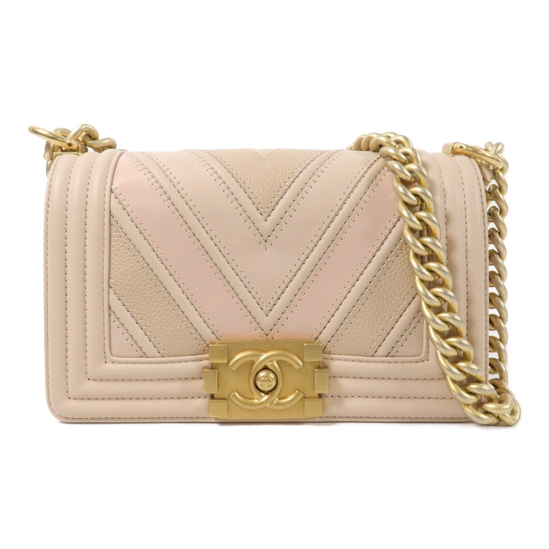 CHANEL Boy 20 Beige Calfskin Shoulder Bag A67085 GHW: CHANEL Boy 20 Beige Calfskin Shoulder Bag A67085 GHW A CHANEL Boy 20 chain shoulder bag in beige calfskin leather with gold-tone hardware. It features a flap closure and one open interior pocket. The 