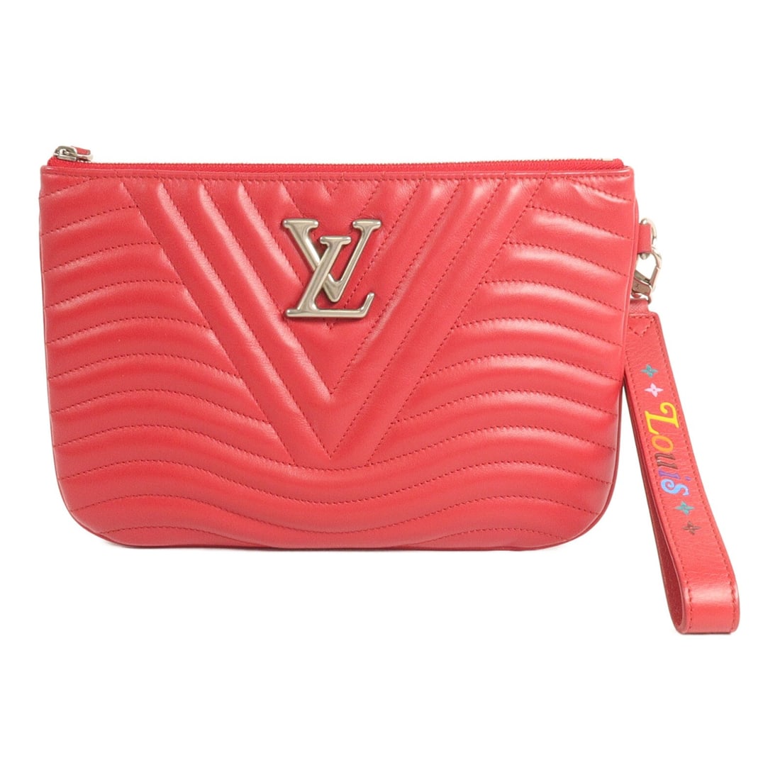 Louis Vuitton New Wave M67500 red calfskin clutch with strap: Louis Vuitton New Wave M67500 red calfskin clutch with strap Louis Vuitton New Wave clutch bag in red calfskin leather with LV silver-tone hardware. This women's clutch features a removable hand strap