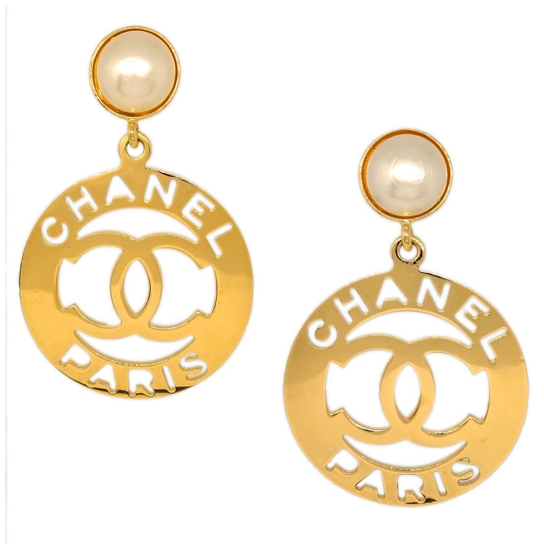 CHANEL Gold Plated Hoop Clip On Earrings with Artificial Pearl: CHANEL Gold Plated Hoop Clip On Earrings with Artificial Pearl Chanel hoop clip-on earrings in gold-plated metal with artificial pearl accents. Made in France, this pair features a bold hoop design in