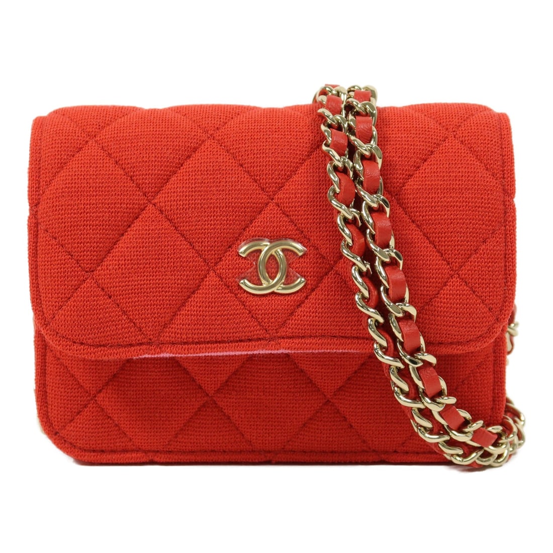 CHANEL Mini Flap Clutch Shoulder Bag Red Quilted Jersey CC GHW: CHANEL Mini Flap Clutch Shoulder Bag Red Quilted Jersey CC GHW CHANEL CC GHW Mini Flap Clutch With Chain Shoulder Bag in red quilted jersey. This women's shoulder bag features a chain shoulder strap, 