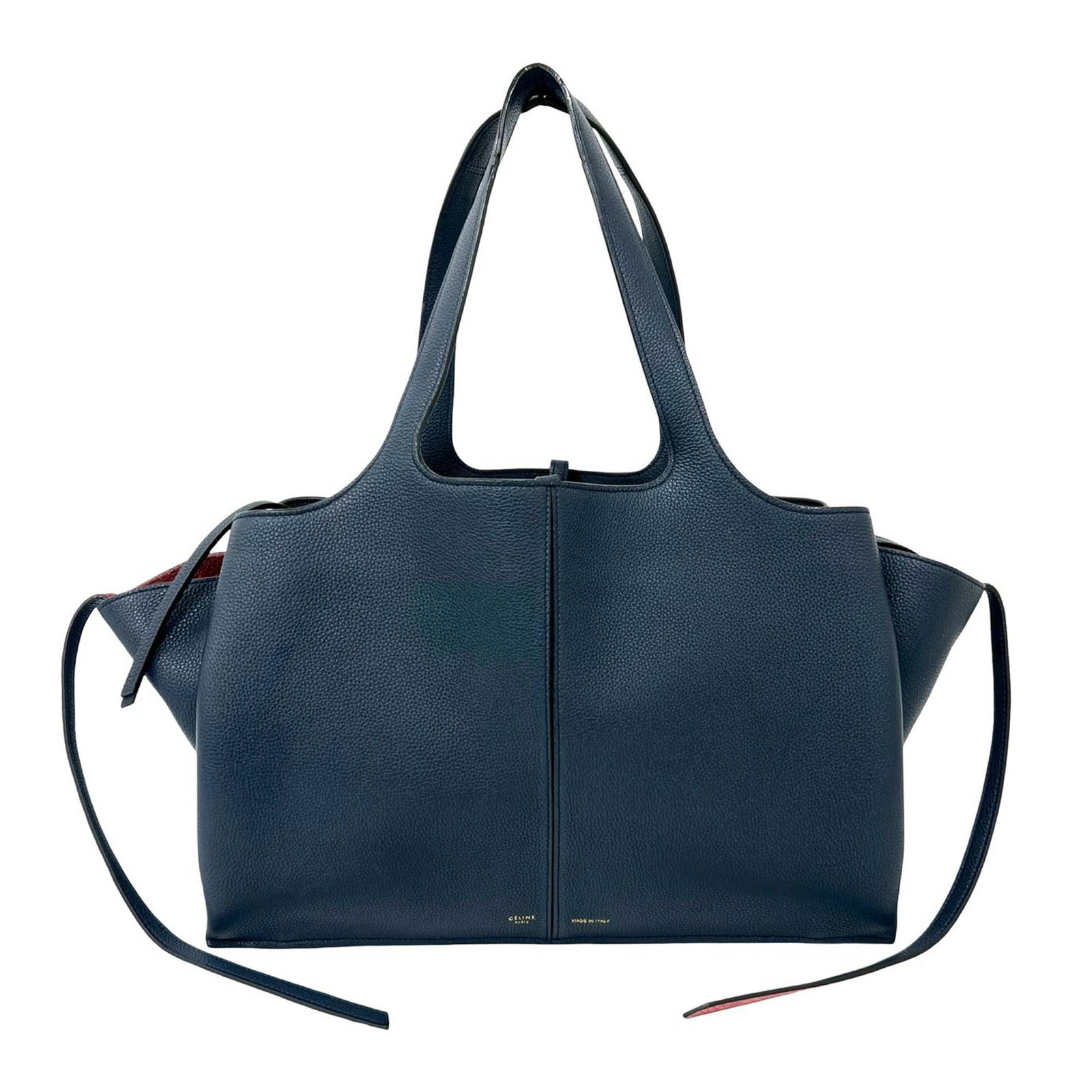 Celine Blue Leather Trifold Tote Medium Grained Calfskin: Celine Blue Leather Trifold Tote Medium Grained Calfskin This Celine Medium Grained Calfskin Trifold Tote is crafted from blue leather and features flat leather straps, an open top with a leather tie