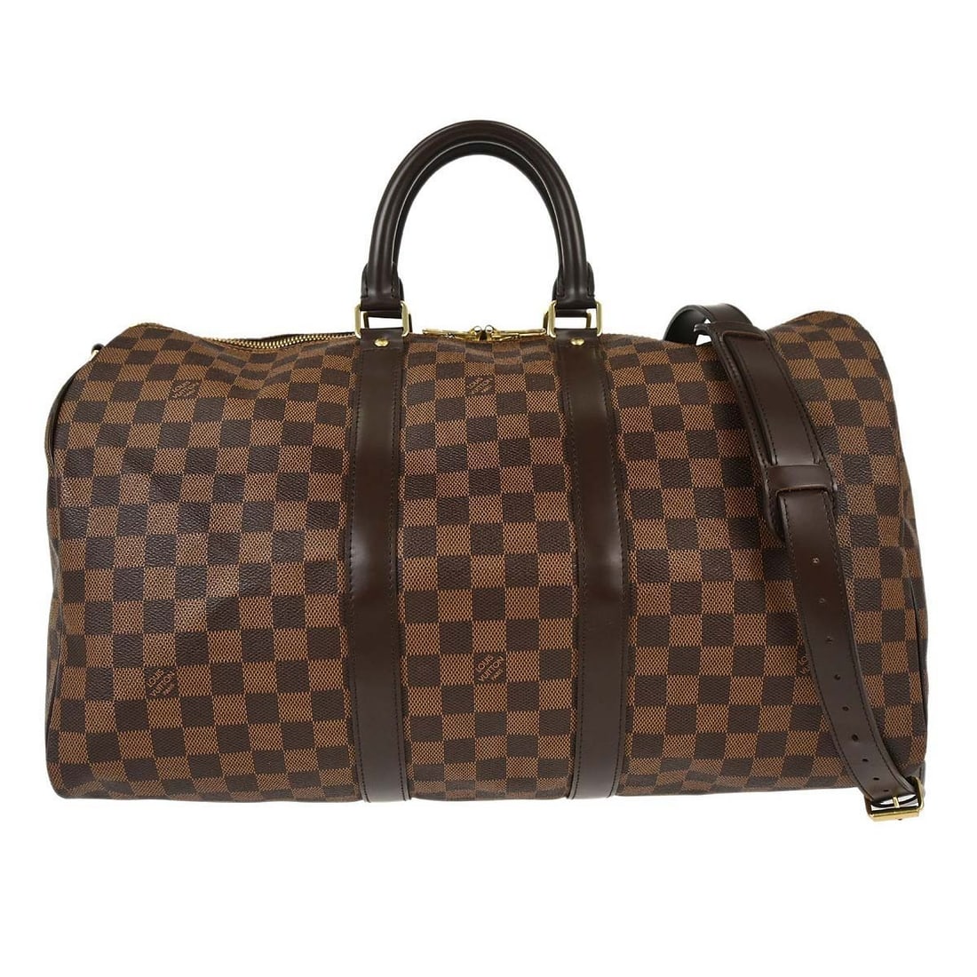 Louis Vuitton Keepall Bandouliere 45 Damier Ebene duffle with strap: Louis Vuitton Keepall Bandouliere 45 Damier Ebene duffle with strap Vintage Louis Vuitton Keepall Bandouliere 45 duffle bag in Damier canvas with leather trim and double handles. This zip-top travel b