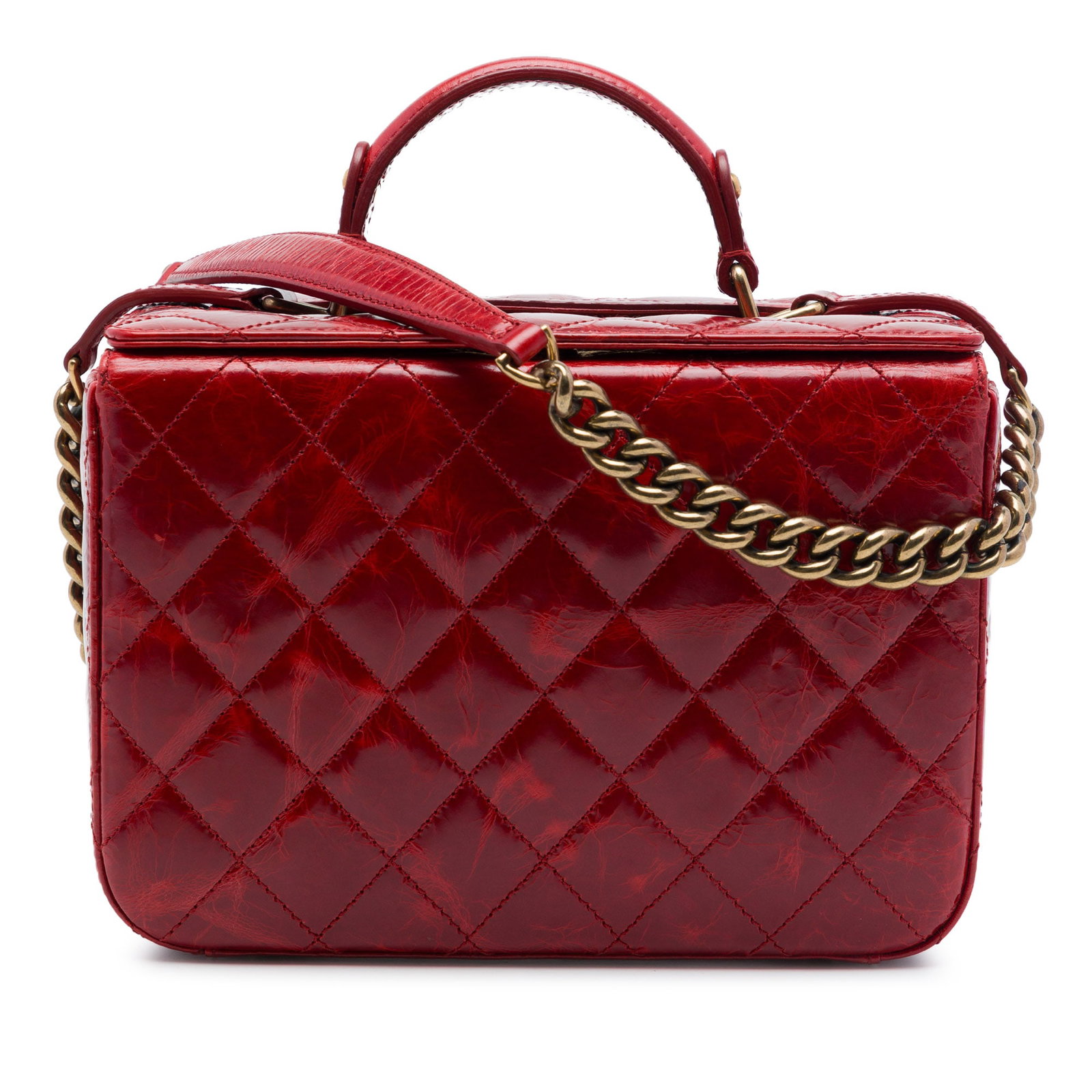 Chanel CC Vanity Case Red Quilted Glazed Calfskin Bag: Chanel CC Vanity Case Red Quilted Glazed Calfskin Bag Chanel CC Quilted Glazed Calfskin Vanity Case in red leather with a quilted body, flat leather handle, and chain link strap with leather shoulder 
