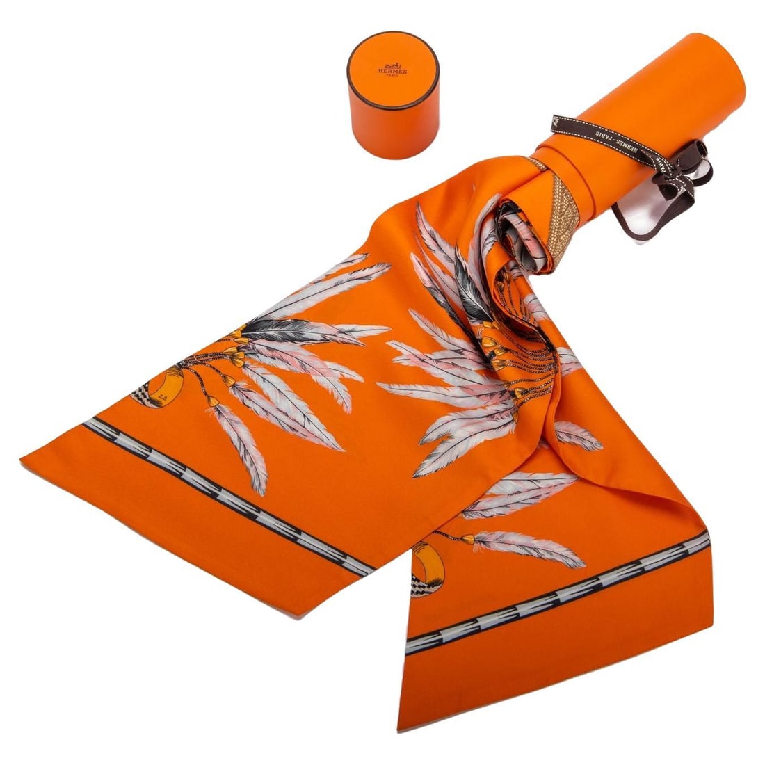 Hermes Coral Brazil Maxi Twilly Scarf with Feather Floral Detail: Hermes Coral Brazil Maxi Twilly Scarf with Feather Floral Detail This exquisite Hermes Coral Brazil Maxi Twilly Scarf is a luxurious accessory that adds a splash of color and elegance to any outfit. D