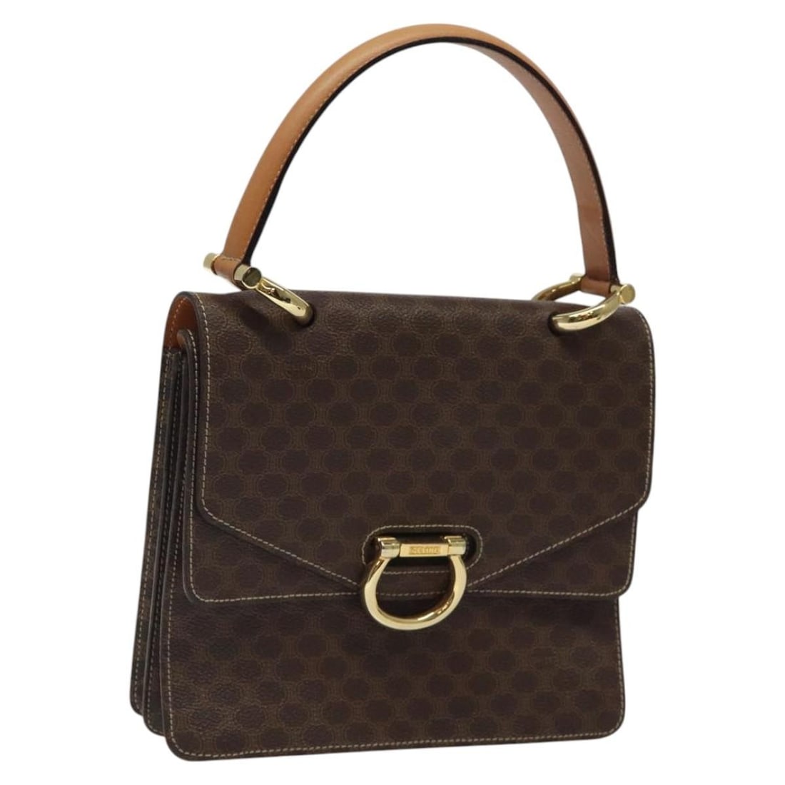 CELINE Macadam Canvas PVC Leather Handbag Brown Gold: CELINE Macadam Canvas PVC Leather Handbag Brown Gold CELINE Macadam canvas hand bag in brown and gold, made in Italy. The bag is constructed from PVC leather and Macadam canvas and is described as a w