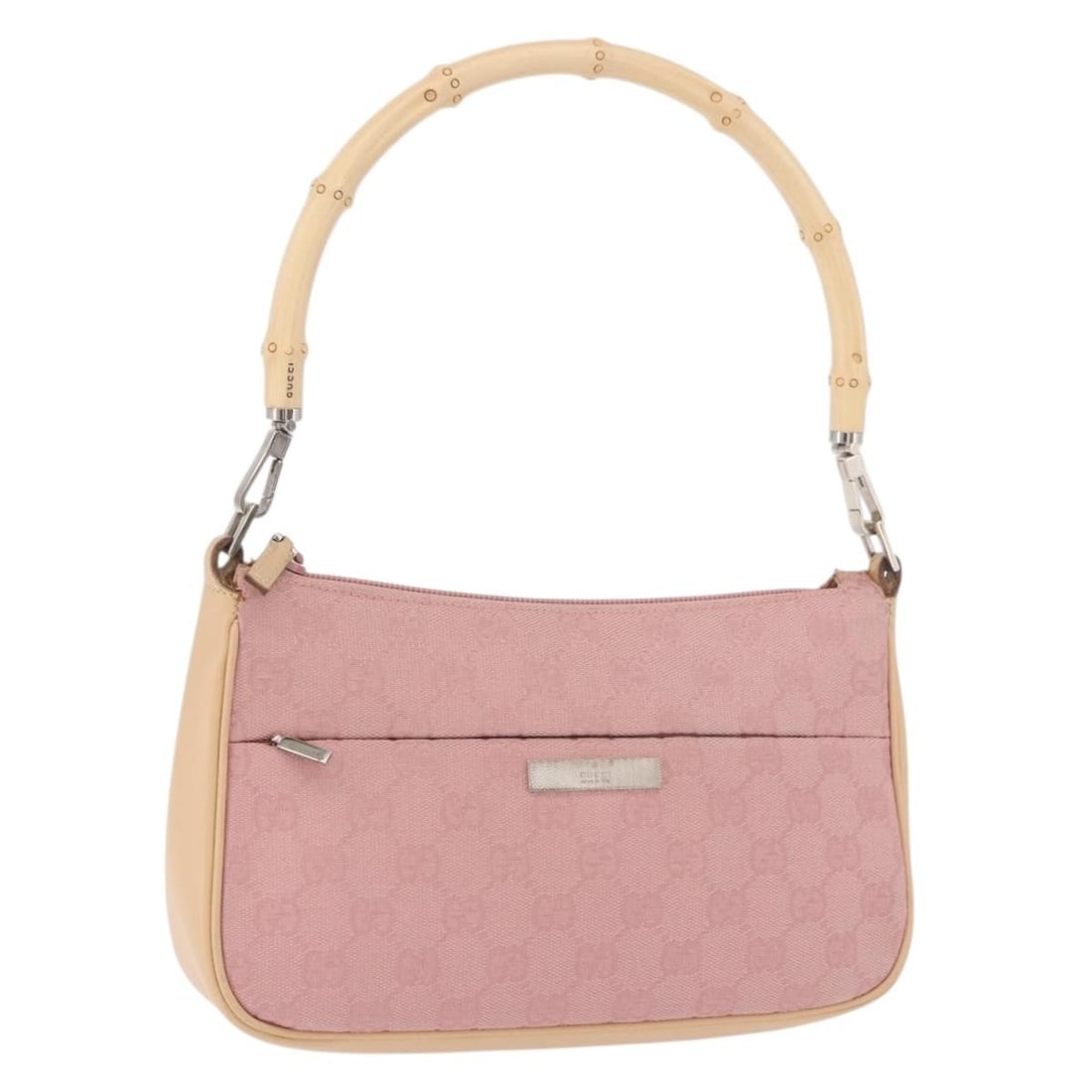 Gucci 001 3870 Bamboo Shoulder Bag in Pink Gold GG Canvas: Gucci 001 3870 Bamboo Shoulder Bag in Pink Gold GG Canvas Gucci shoulder bag in pink and gold GG canvas with bamboo detailing. This women's bag includes a dust bag and is made in Italy. Condition is A