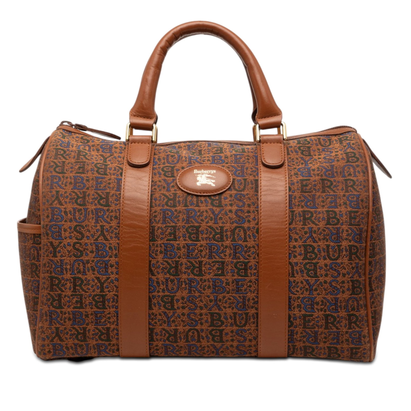 Burberry Boston Bag in Logo Print Canvas with Leather Trim: Burberry Boston Bag in Logo Print Canvas with Leather Trim Burberry Logo Printed Canvas Boston Bag with leather trim and rolled leather handles. The bag features a top zip closure, an exterior side sl
